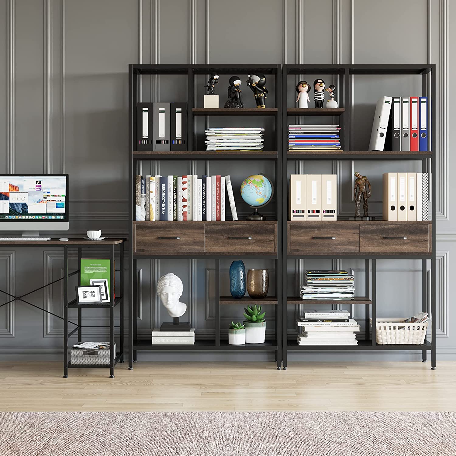Homfa 5-tier Iron Bookcase with 2 Drawers, Industrial Tall Bookshelf with 7 open storage shelves, Free Standing Display shelf with Metal Frame, Dark Brown