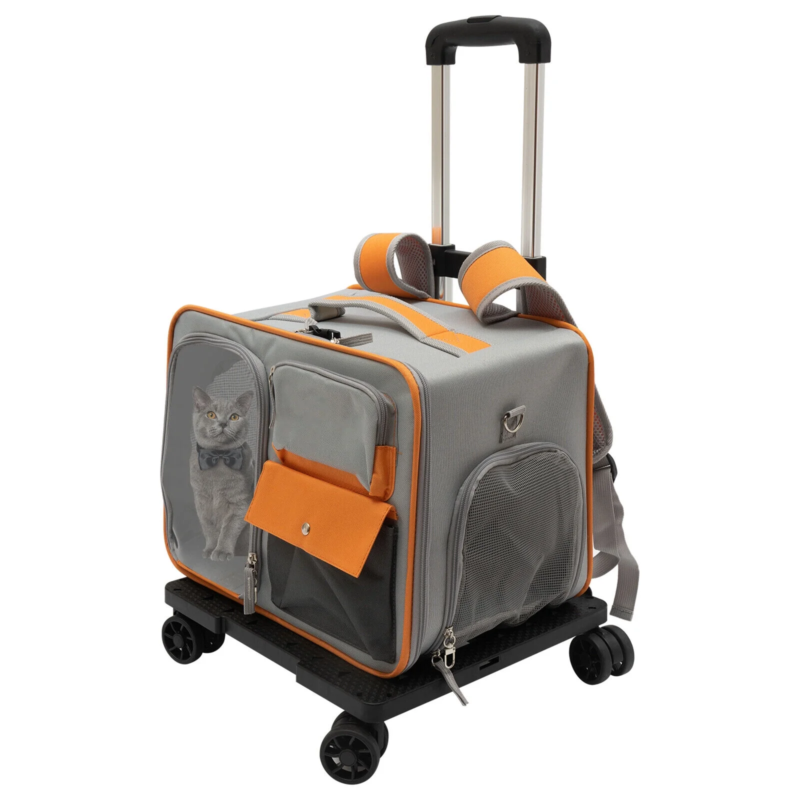 Grey Small Pet Carrier with Wheels Foldable Pet Carrier Bag with Telescopic handle