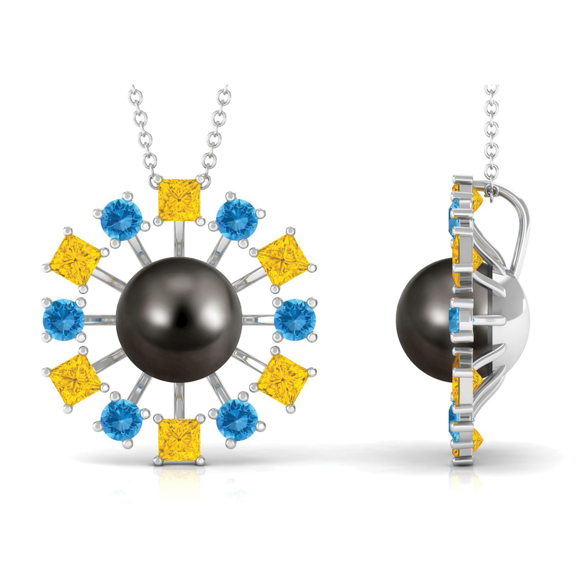 Tahitian Pearl Pendant with Sapphire and Blue Topaz, Contemporary Pendant Necklace, 925 Sterling Silver