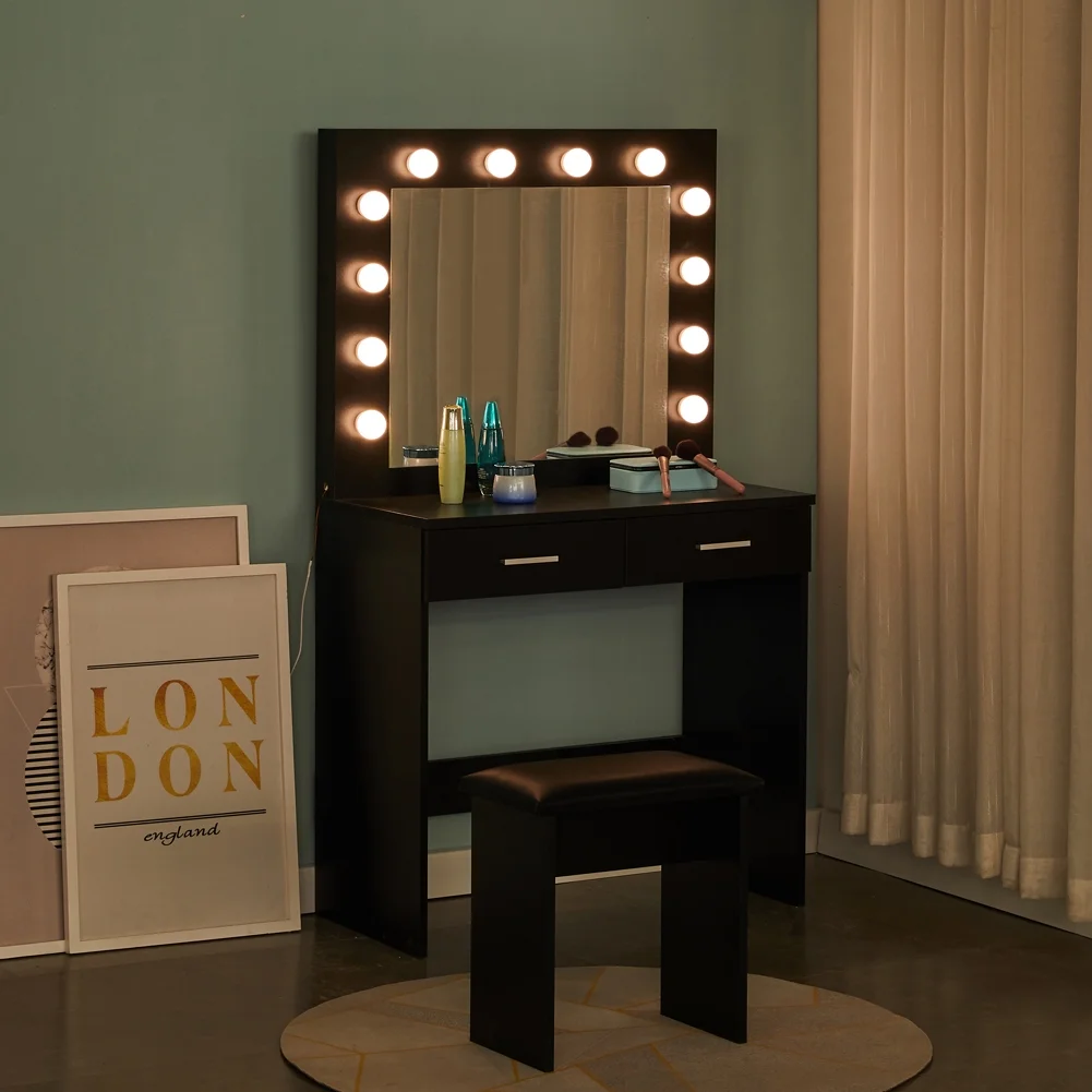 CLIPOP Black Makeup Vanity with LED Mirror and Padded Stool, 2 Drawers,3 Colors Lighting for Bedroom