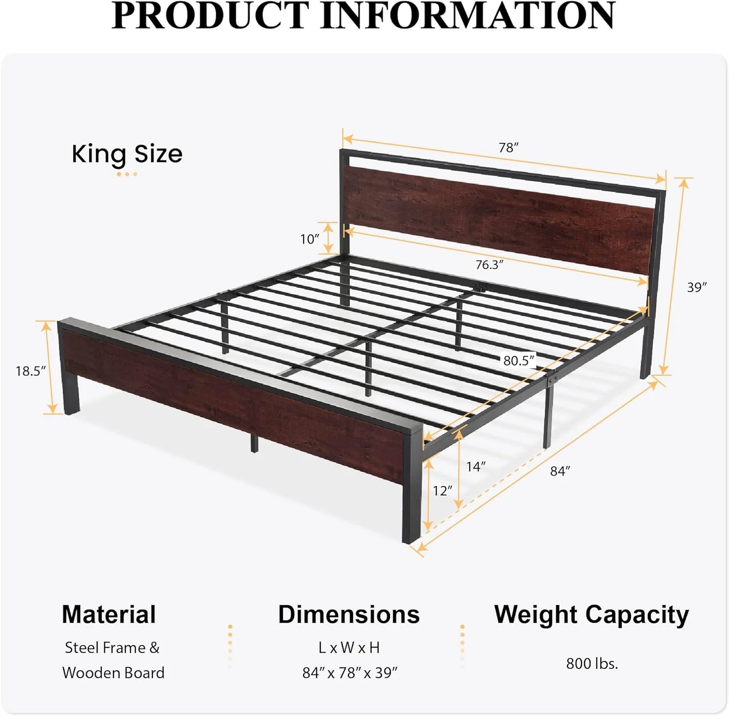 QCAI 14 Inch King Size Metal Platform Bed Frame with Wooden Headboard and Footboard, Mattress Foundation, No Box Spring Needed, Large Under Bed Storage, Mahogany