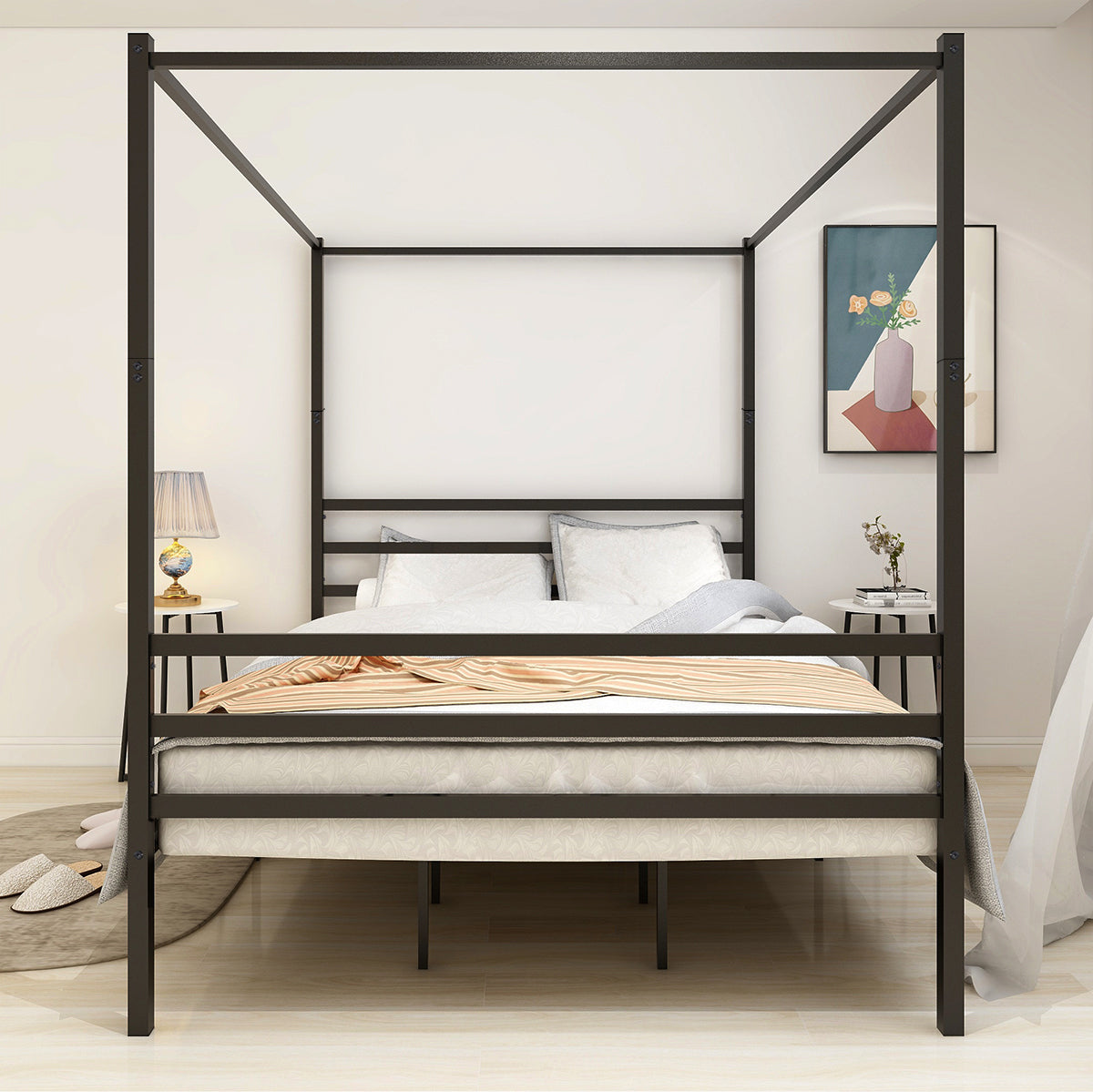 ElegantRest Metal Canopy Bed - Queen Black