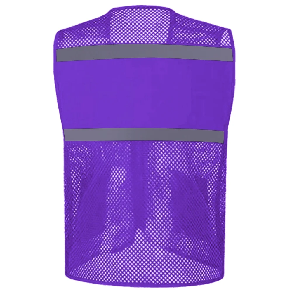Toptie Mesh Safety Vest Zipper Team Volunteer Uniform Vest, Reflective Running Vest with Pockets, Slim Fit-Purple-XL