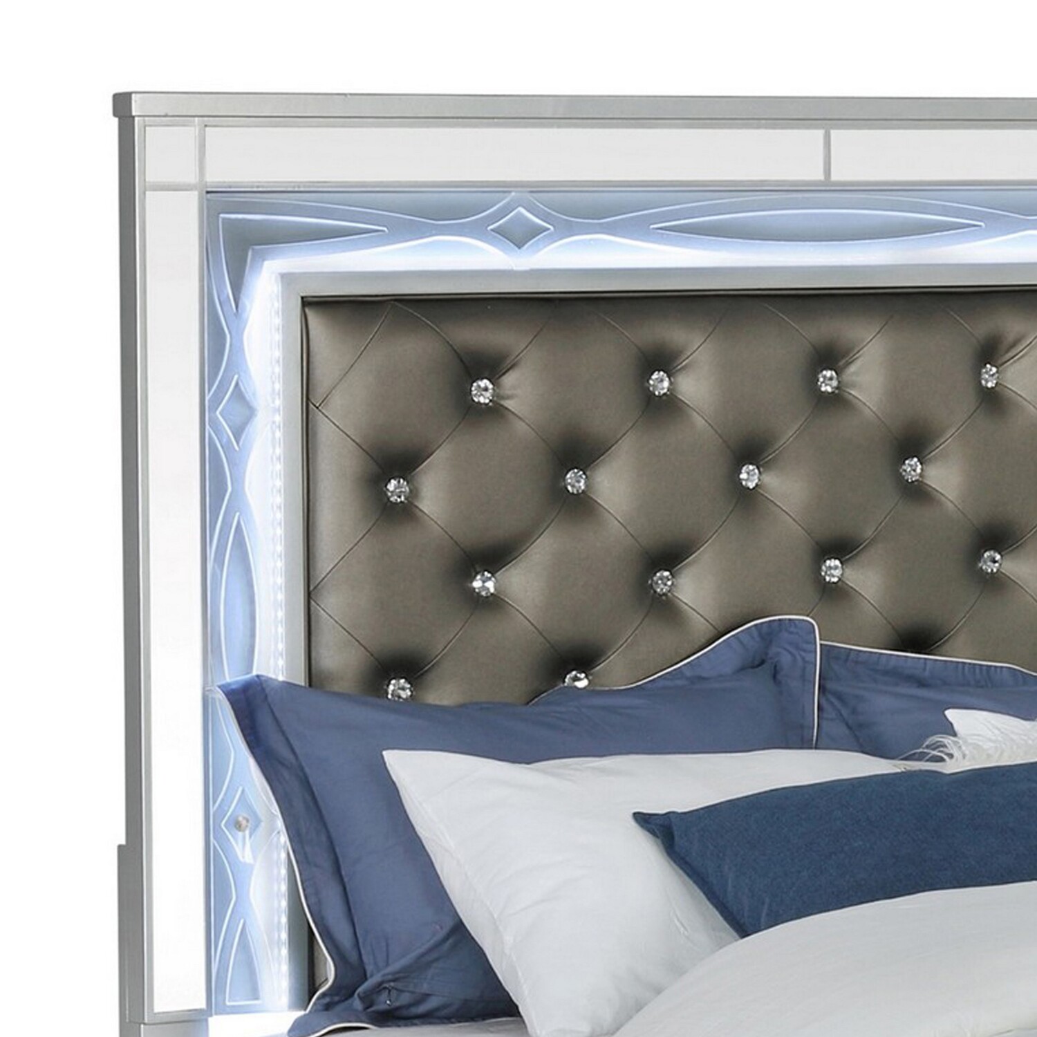 Benjara  Faux Leather Upholstery Led Headboard Gina King Size Panel Bed, Gray & Silver