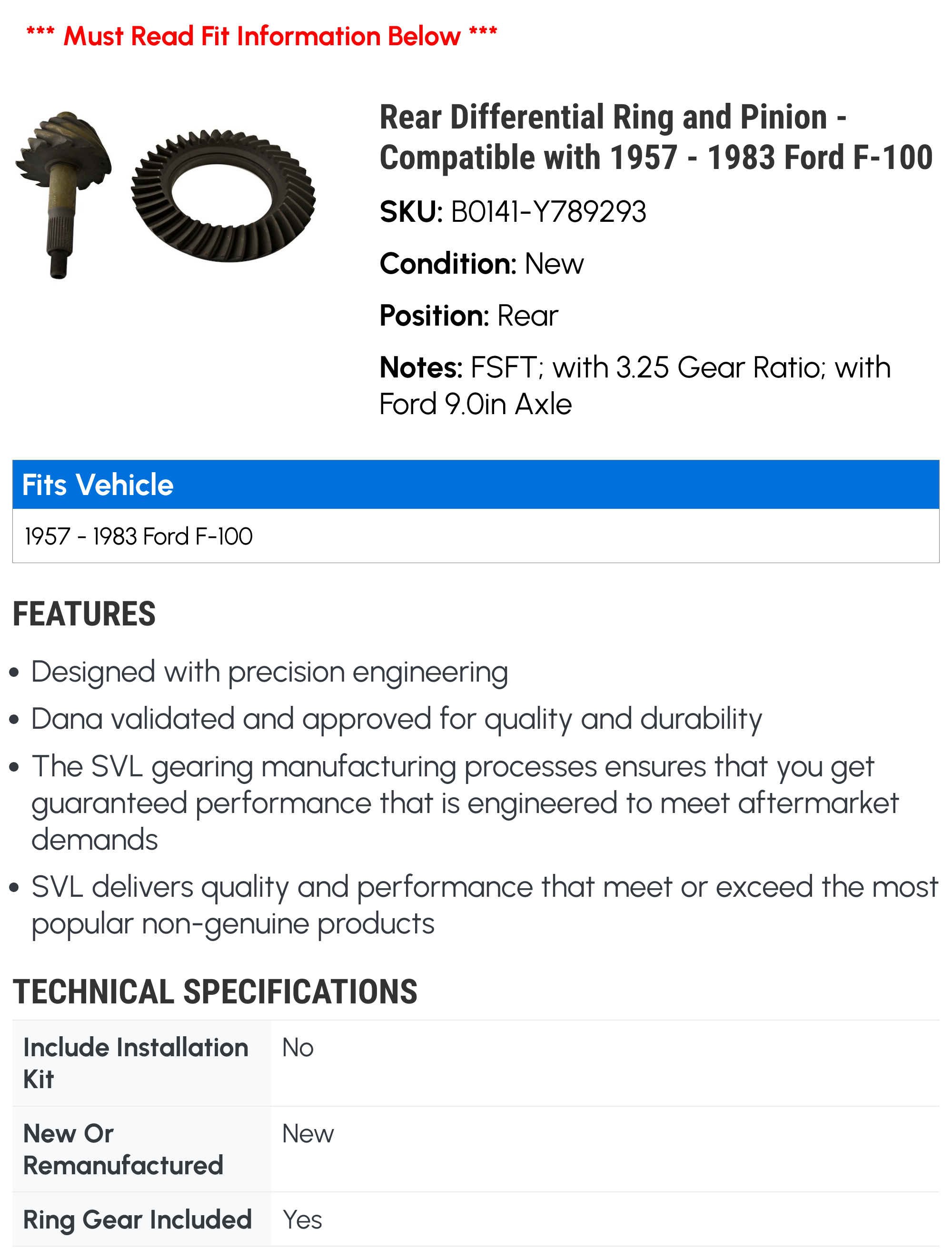 Rear Differential Ring and Pinion - Compatible with 1957 - 1983 Ford F-100 1958 1959 1960 1961 1962 1963 1964 1965 1966 1967 1968 1969 1970 1971 1972 1973 1974 1975 1976 1977 1978 1979 1980 1981