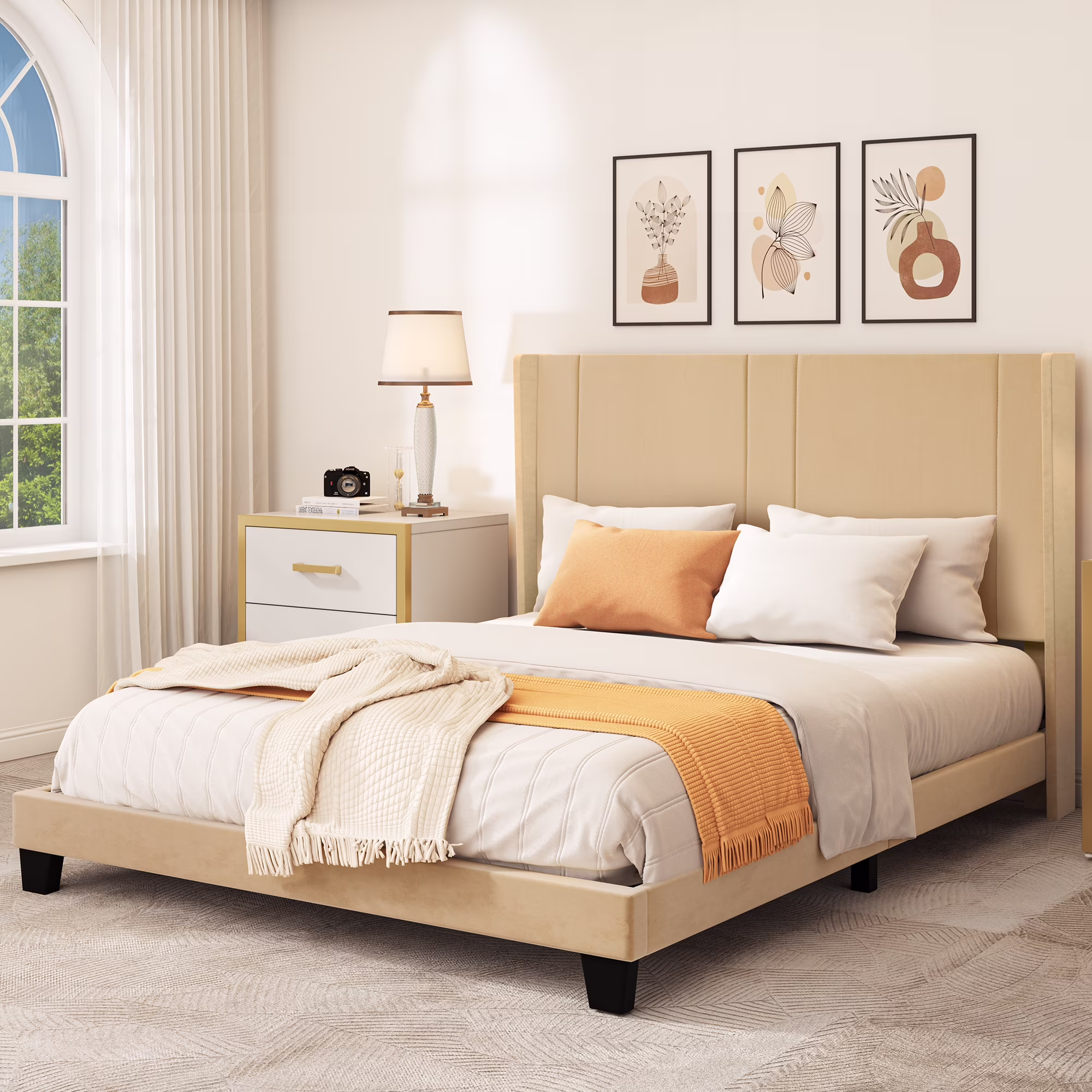 Dextrus Upholstered Bed Frame, Platform Bed Base with Beige Velvet Headboard and Wingback,  No Box Spring Needed, Beige