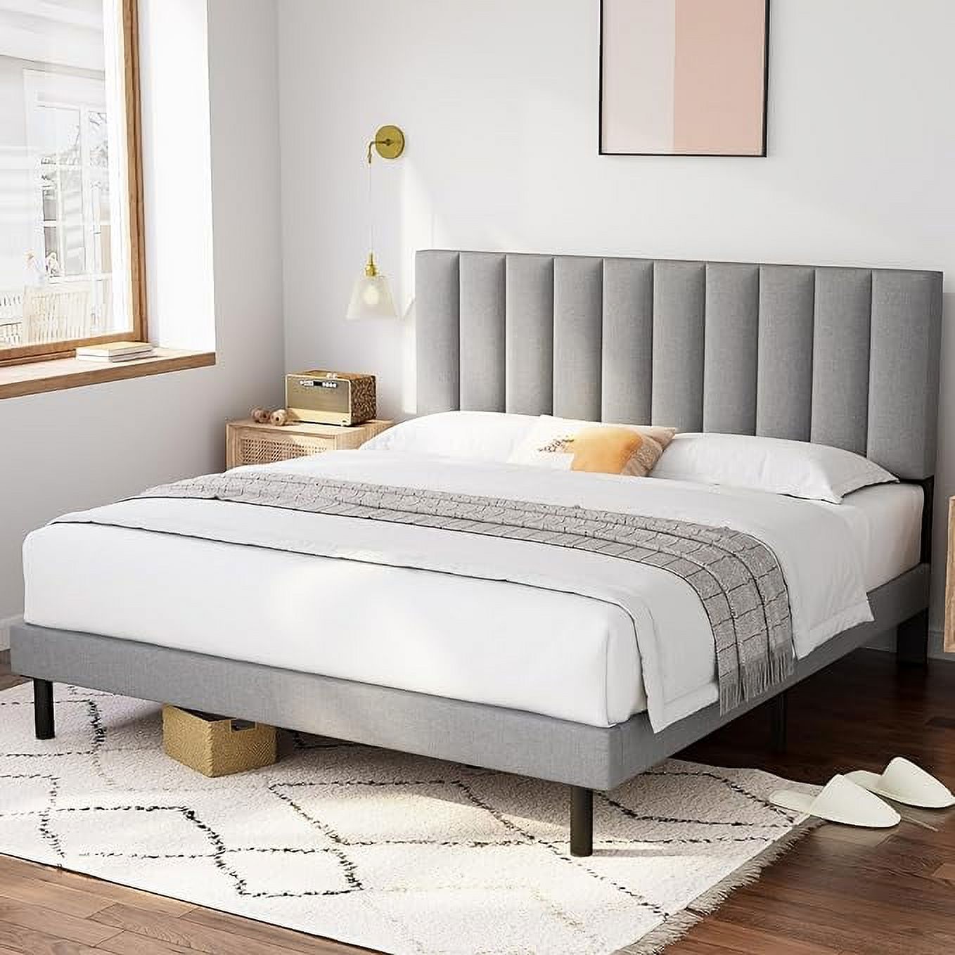 Molblly King Size Bed Frame Upholstered Platform with Headboard and Strong Wooden Slats,Mattress Foundation,Non-Slip and Noise-Free,No Box Spring Needed, Easy Assembly,Light Gray