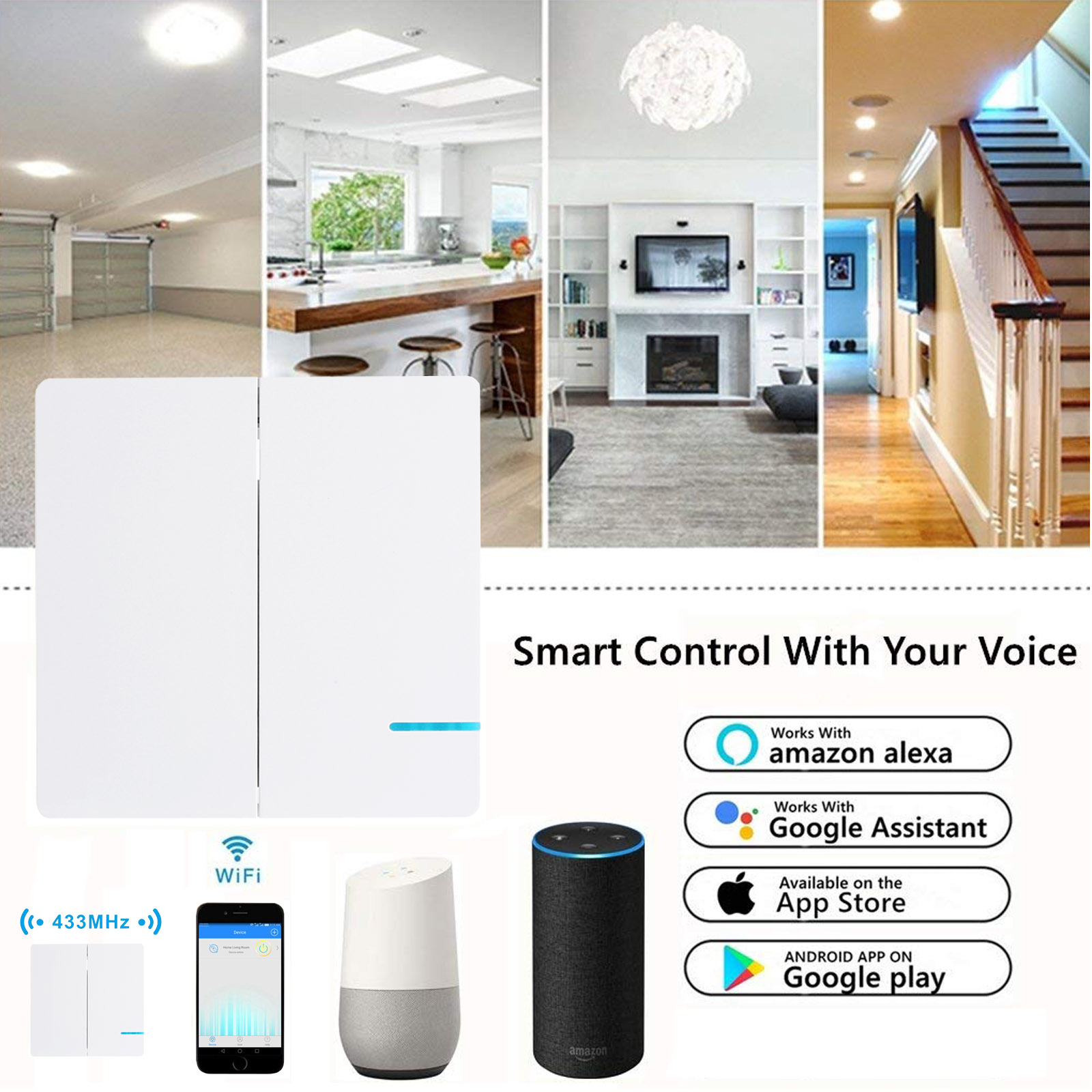 GREENCYCLE Smart Light Switch WiFi Wall Wireless 2x 2-gang Switch + 4x WIFI Receiver Compatible with Amazon Alexa and Google Home Remote Control Lights and Appliances Timing Function