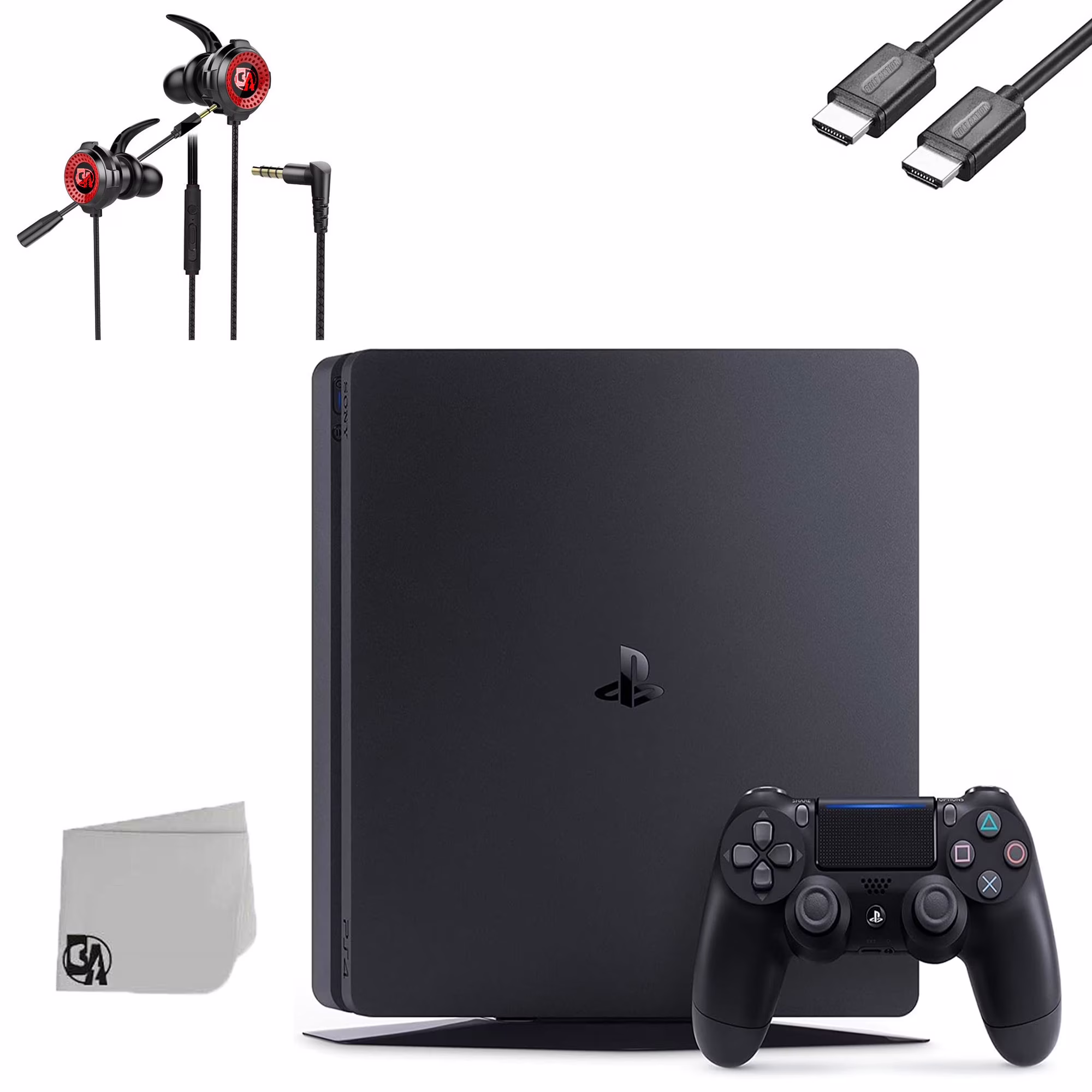 Pre-Owned Sony PlayStation 4 Slim 500GB Black Gaming Console + Gaming Earbuds With Microphone BOLT AXTION Bundle (Refurbished: Like New)
