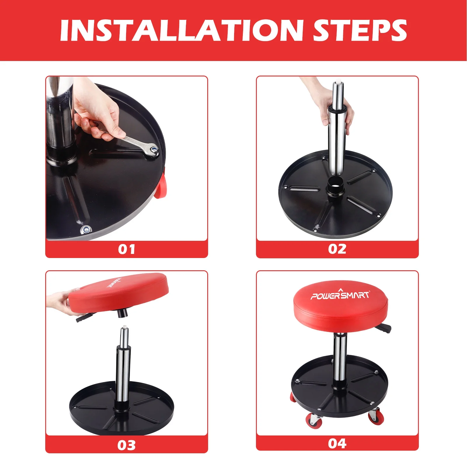 PowerSmart 300-pound Capacity Rolling Mechanic Stool - Adjustable Height, Pneumatic Creeper Garage/Shop Stoolwith Wheels,PS1101,RED