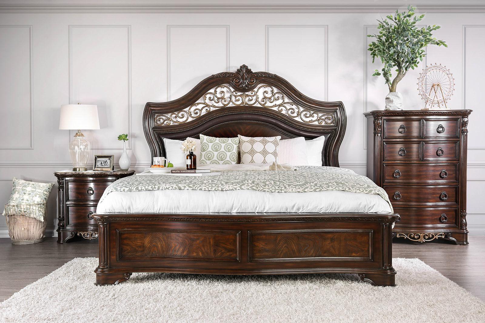 Transitional Brown Cherry Solid Wood King Bedroom Set 6pcs FOA CM7311 Menodora