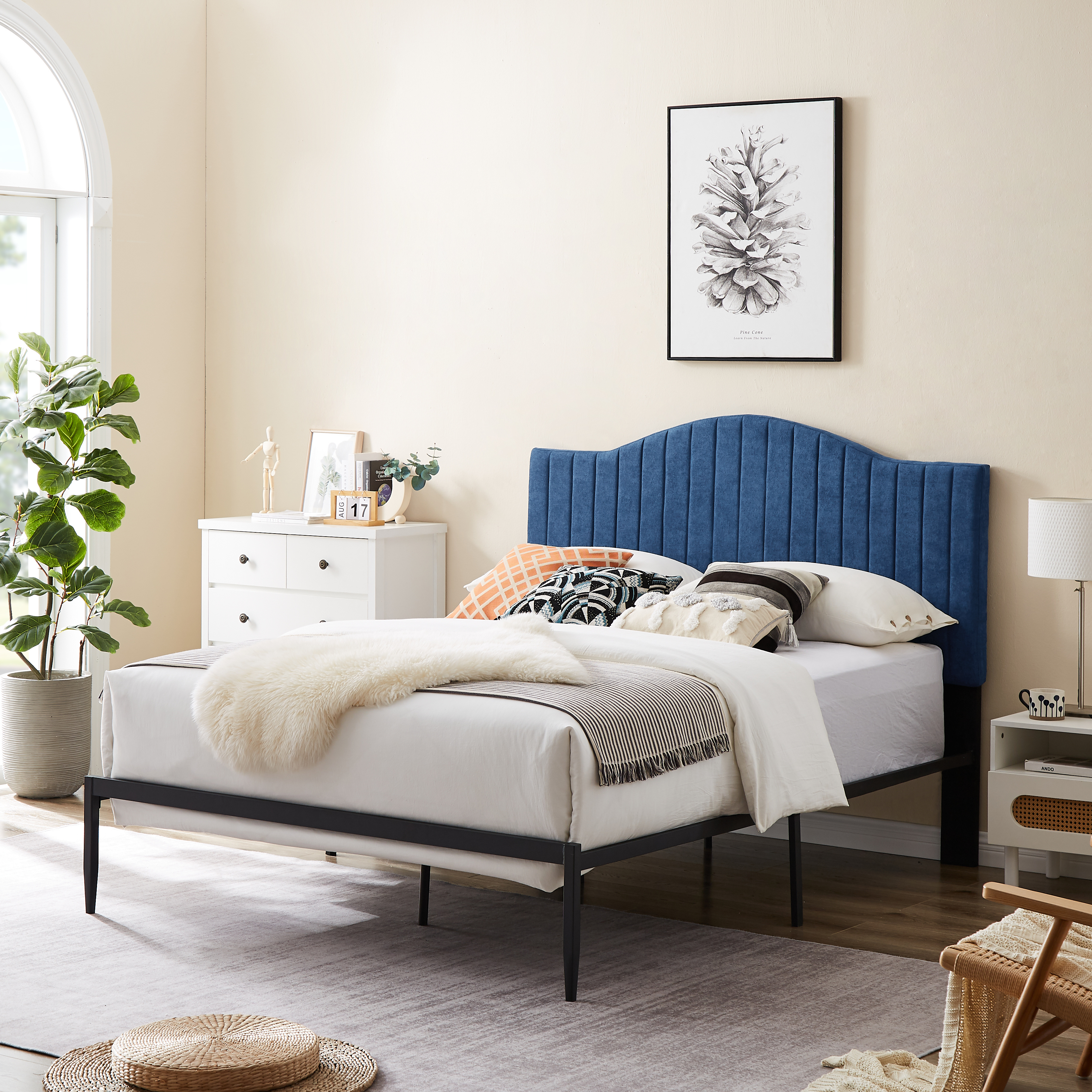 LANTRO JS B111 Full bed Beautiful line stripe cushion headboard Strong iron frame with high temperature paint