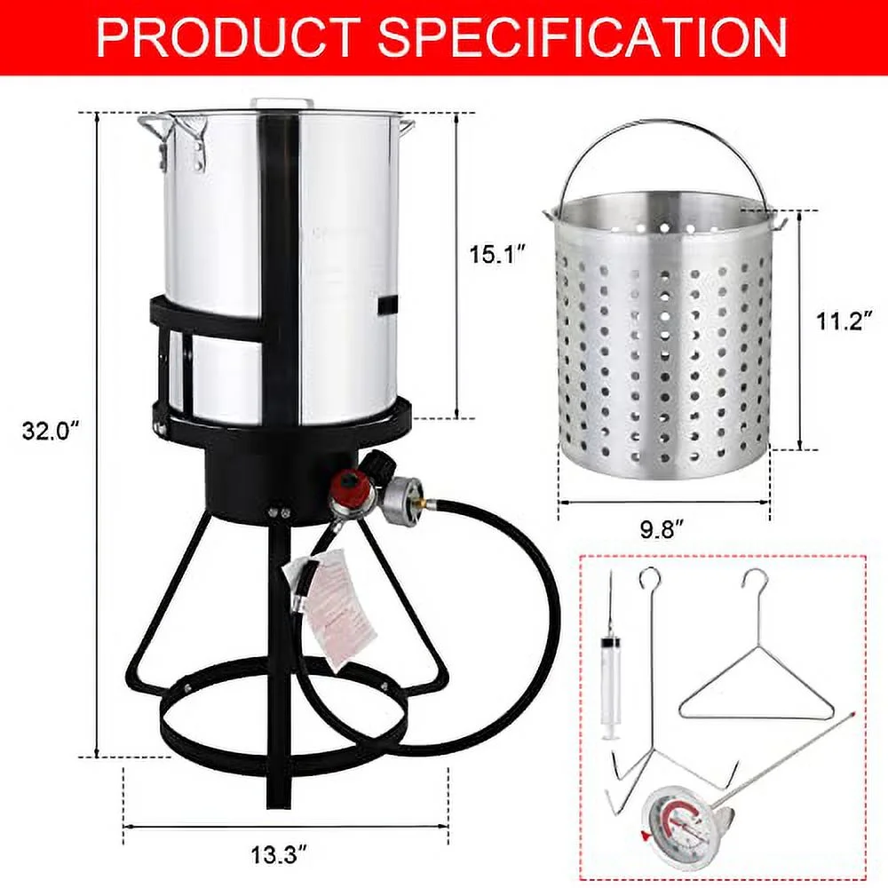 Outvita 30 Qt Turkey Deep Fryer & 10QT Fish Fryer Kit w/Baskets,Aluminum Fish & Seafood Boiler Steamer with 54,000 BTU Propane Gas Burner Stand Injector Thermometer Hose, Ideal for Outdoor Fry