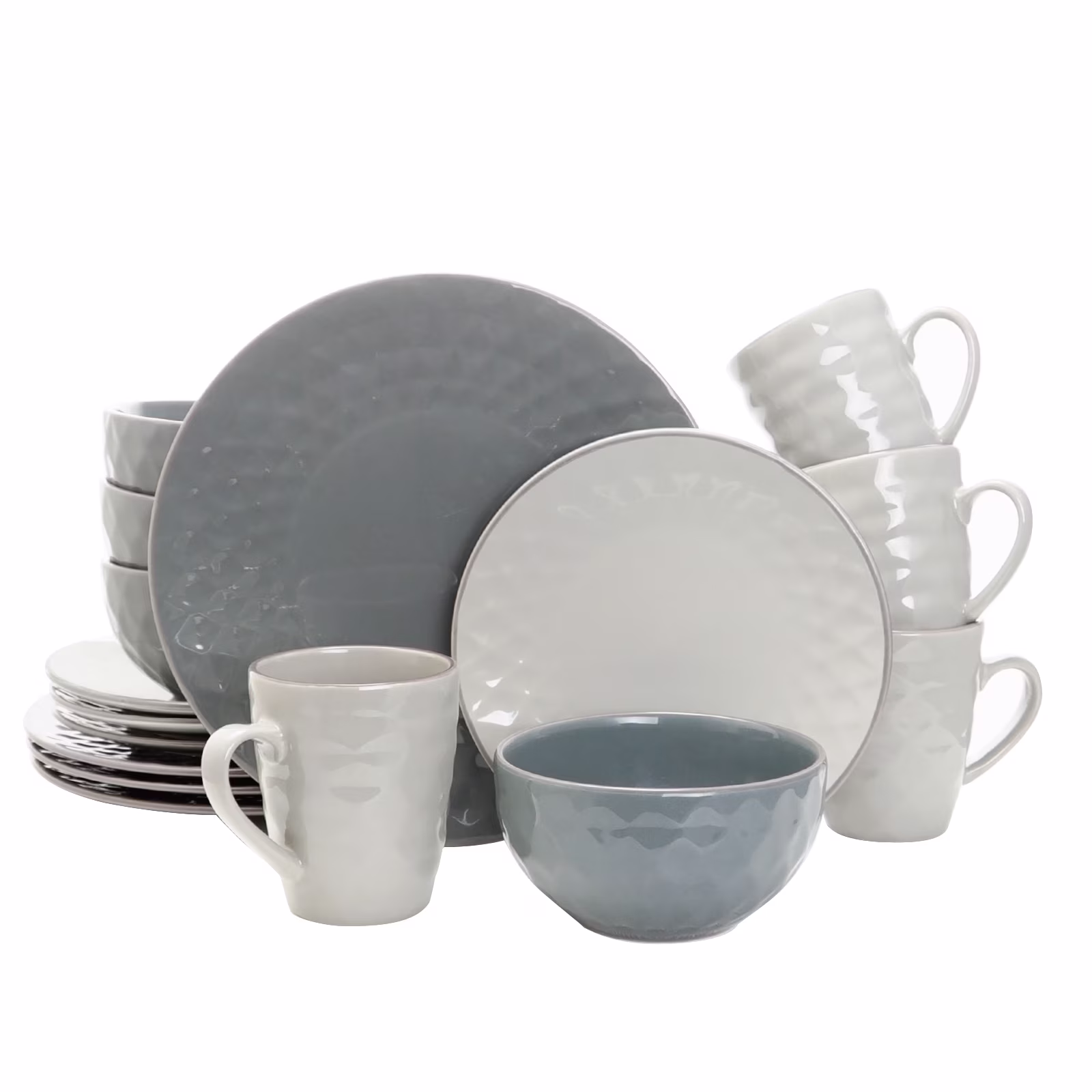 Elama Tahitian Diamond 16 Piece Stoneware Dinnerware Set in Slate and Pearl