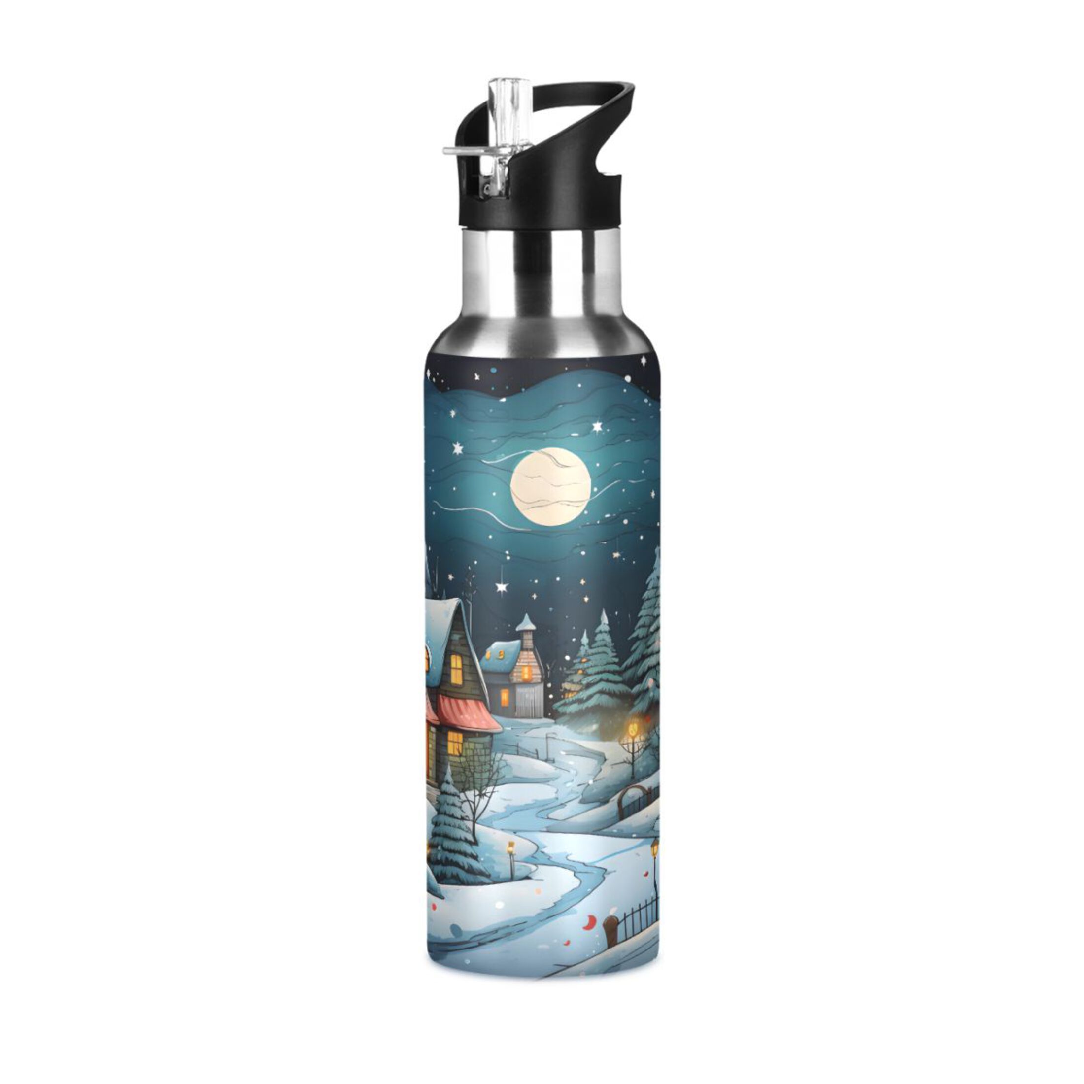 Water Bottle with Straw Lid Leak Winter Houses and Moon Stainless Steel Insulated Thermos Vacuum Flask for Cold Hot Drinking for Sports Camping Gym Yoga