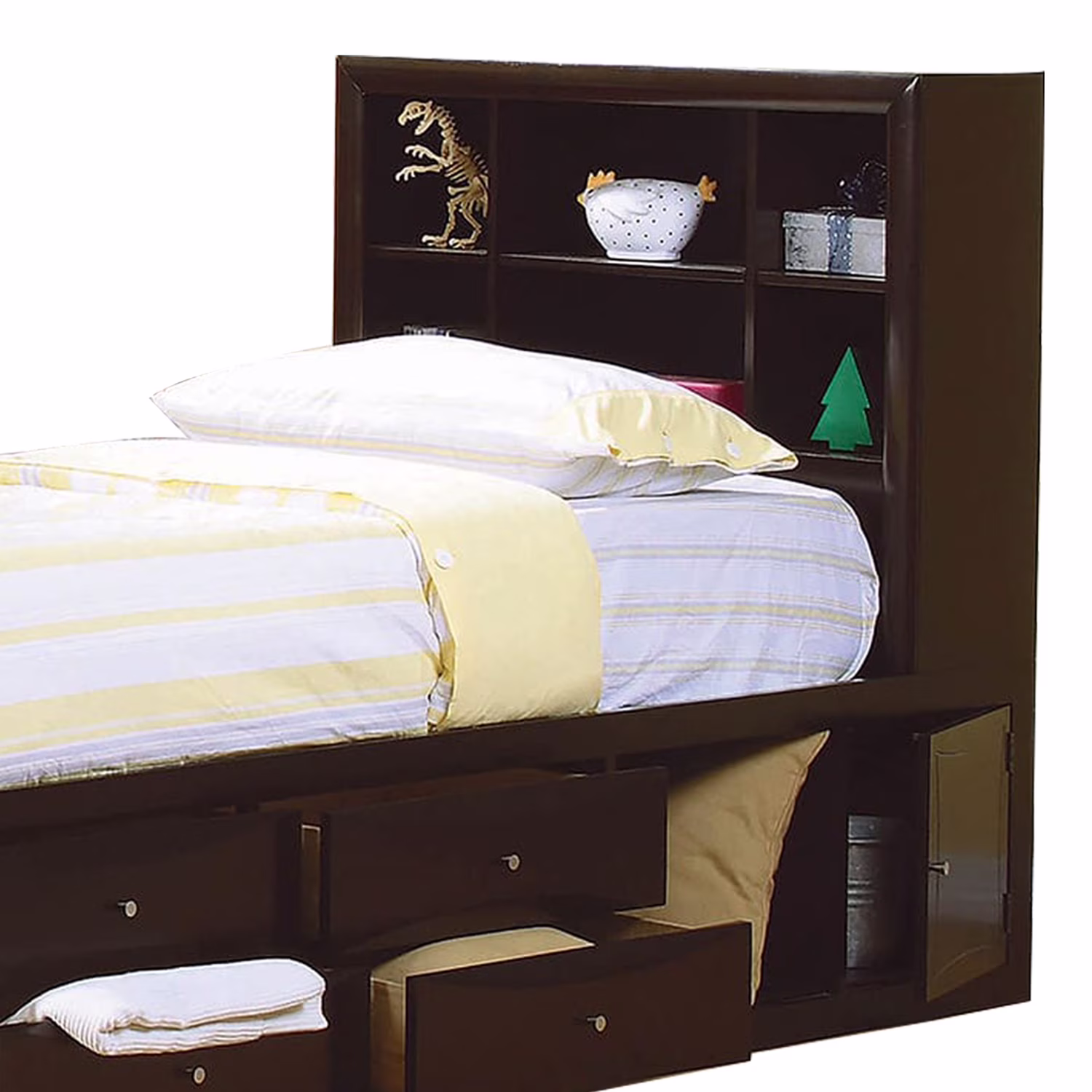 Benjara Wooden Twin Size Bed with Bookcase Headboard and Storage Unit, Brown