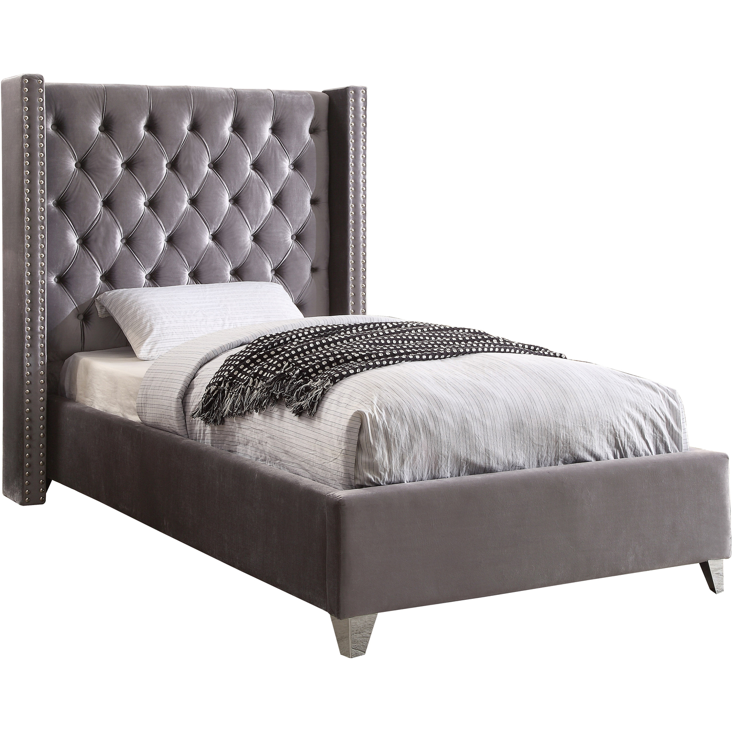 Homestock Seaside Style Grey Velvet Twin Bed