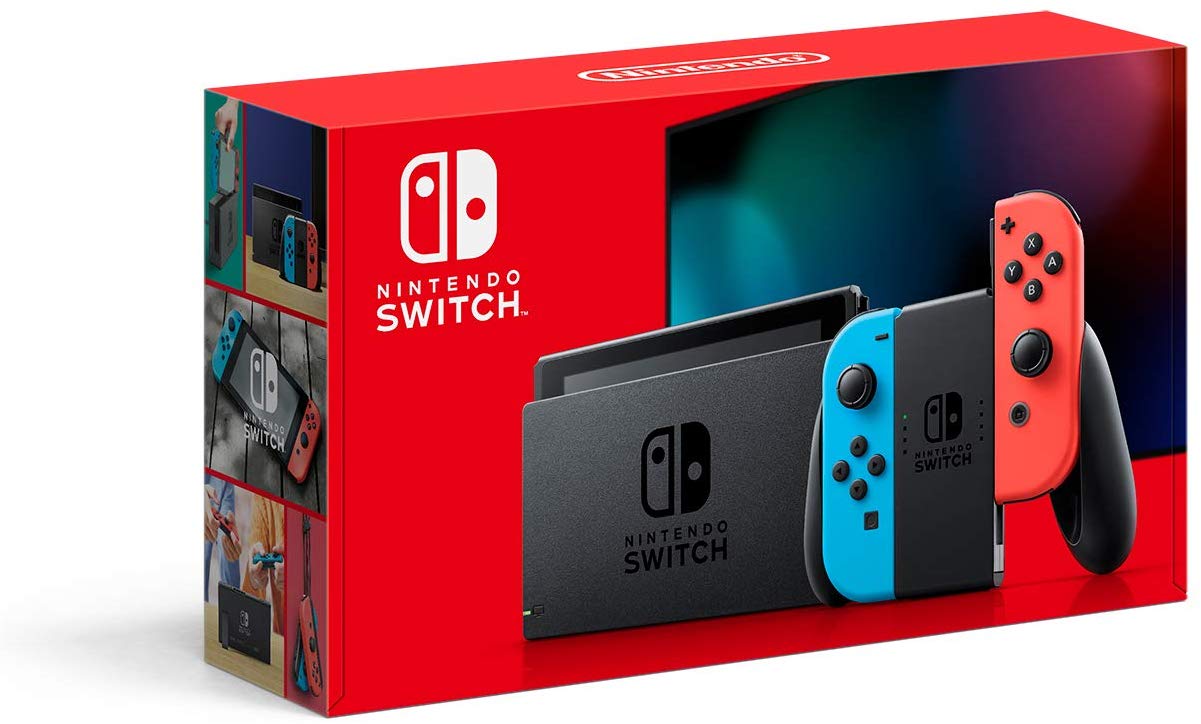 New Nintendo Switch 4 items Bundle Nintendo Switch Console with Neon Red and Blue Joy-Cons, 128GB MicroSD, Case, and 12-month family membership