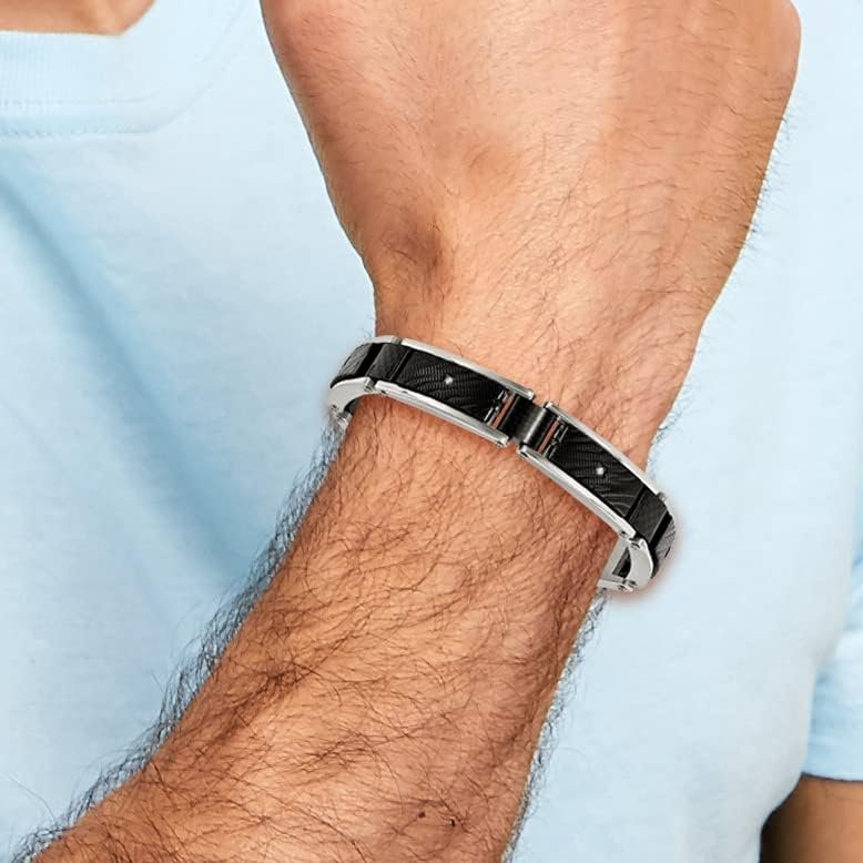 Chisel Stainless Steel Polished and Textured Black IP-plated with CZ and Black Carbon Fiber Inlay Link Bracelet - 8.75