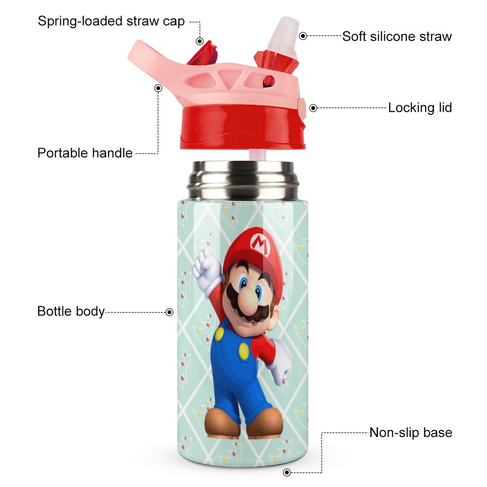 Super Mario Cute Kid's Insulated Water Bottle With Straw Vacuum Stainless Steel Cup Leak-Proof Children Toddler Thermoses