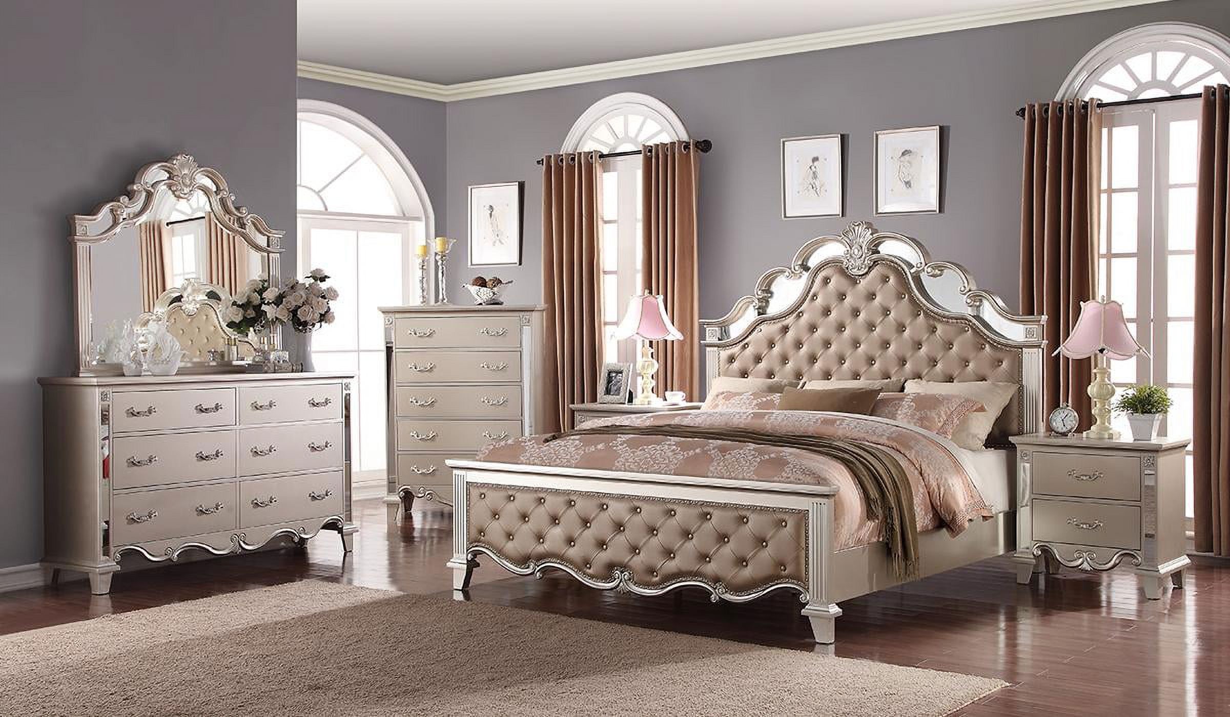 Silver Finish Wood King Bedroom Set 5Pcs Contemporary Cosmos Furniture Sonia