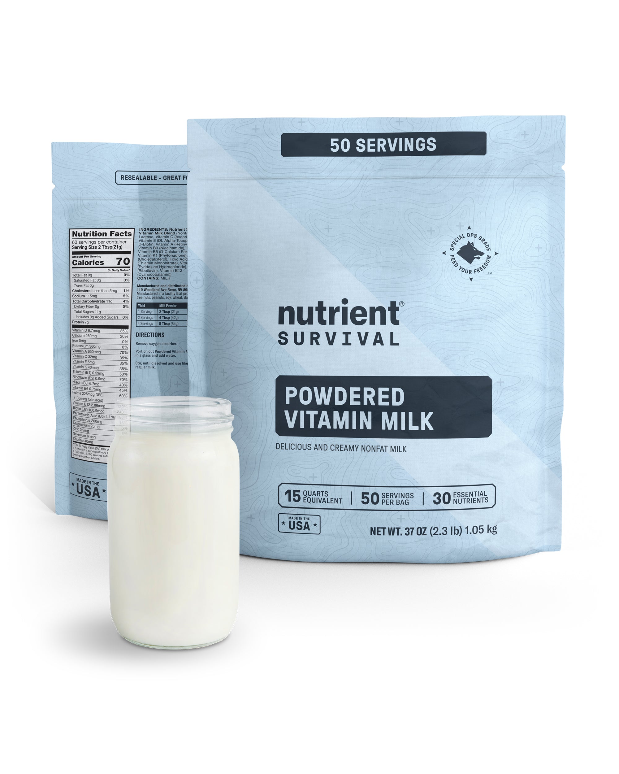 Nutrient Survival Vitamin Powdered Milk, Freeze Dried Prepper Supplies & Emergency Food Supply, 21 Essential Nutrients, Soy & Gluten Free, Shelf Stable Up to 15 Years, One Pantry Pack, 50 Servings