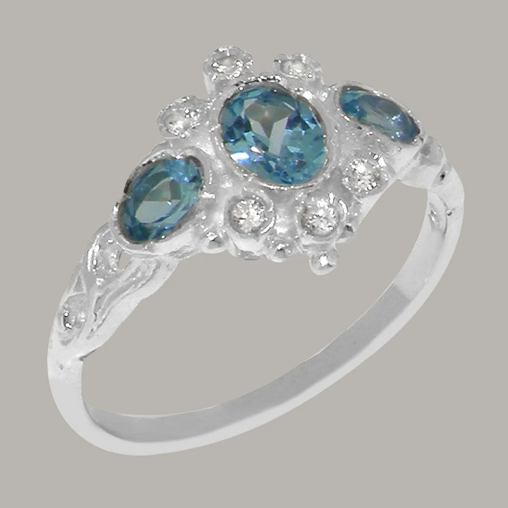 LBG English Made 9k White Gold Ring with Natural Blue Topaz & Cubic Zirconia Womens Engagement Ring - Size 7.25
