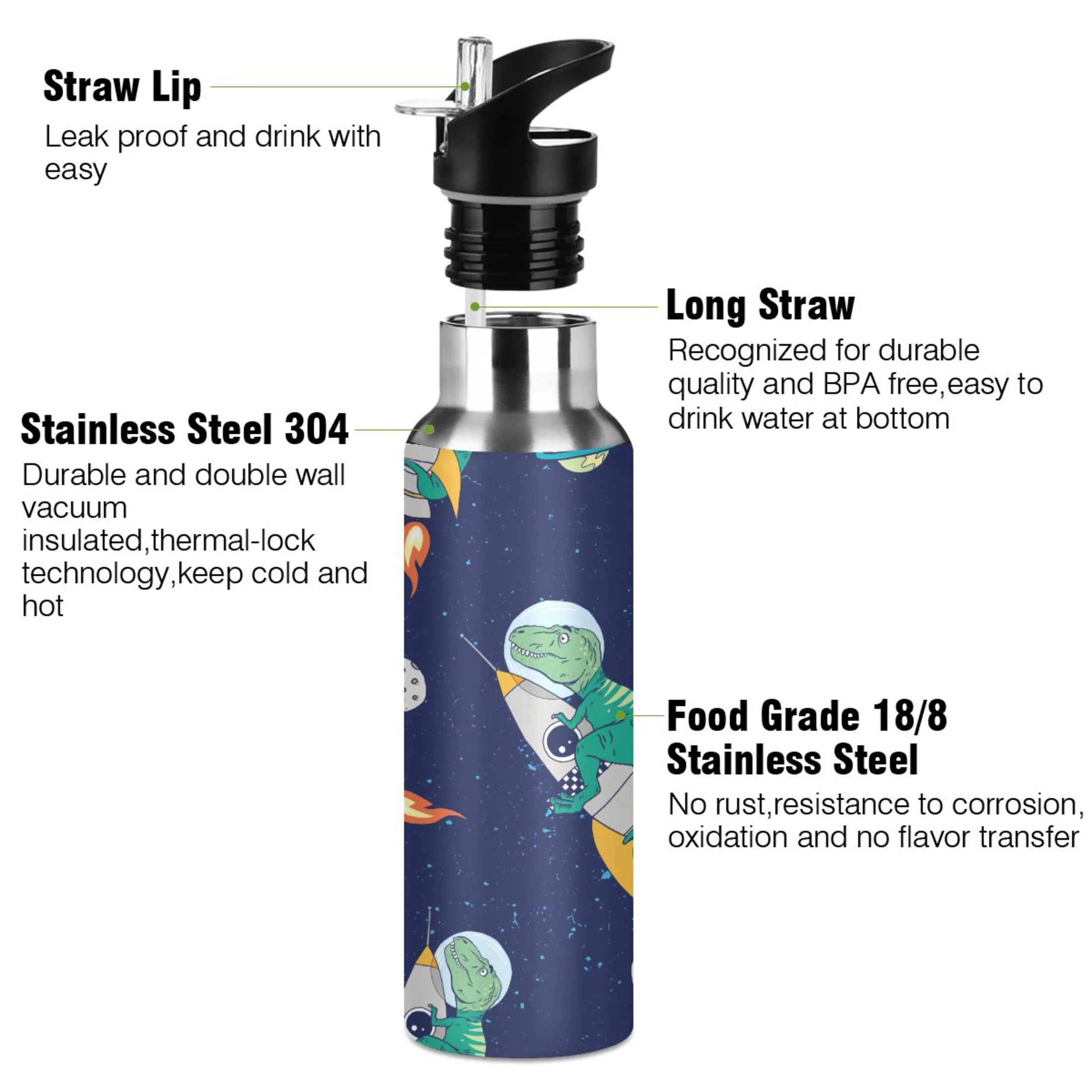 Water Bottle with Straw Lid Leak Surfer Dinosaur with Island Stainless Steel Insulated Thermos Vacuum Flask for Cold Hot Drinking for Sports Camping Gym Yoga