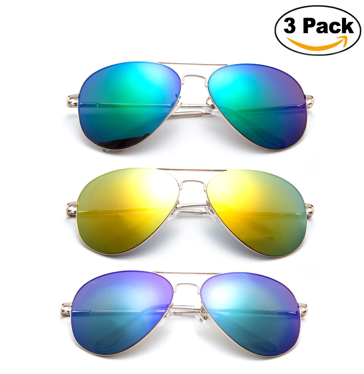 Newbee Fashion - 3 Pack Classic Aviator Sunglasses Flash Full Mirror lenses Slim Frame Super Light Weight for Men Women with Spring Hinge Clear Tip UV Protection