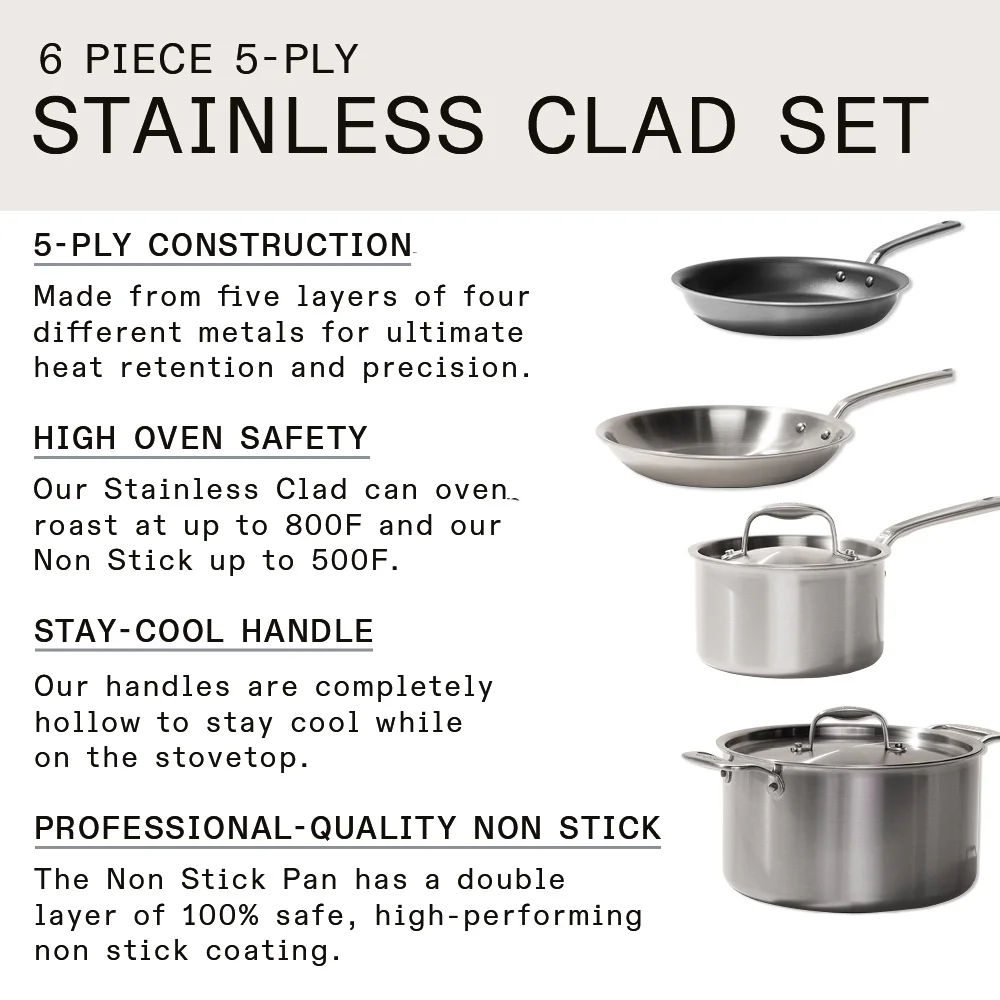 Made In Cookware - 6 Pc Stainless Steel Cookware Se - 5 ply Clad - Includes Frying Pans, Saucepan, and Stock Pot - Professional Grade - Made in Italy - Induction Compatible