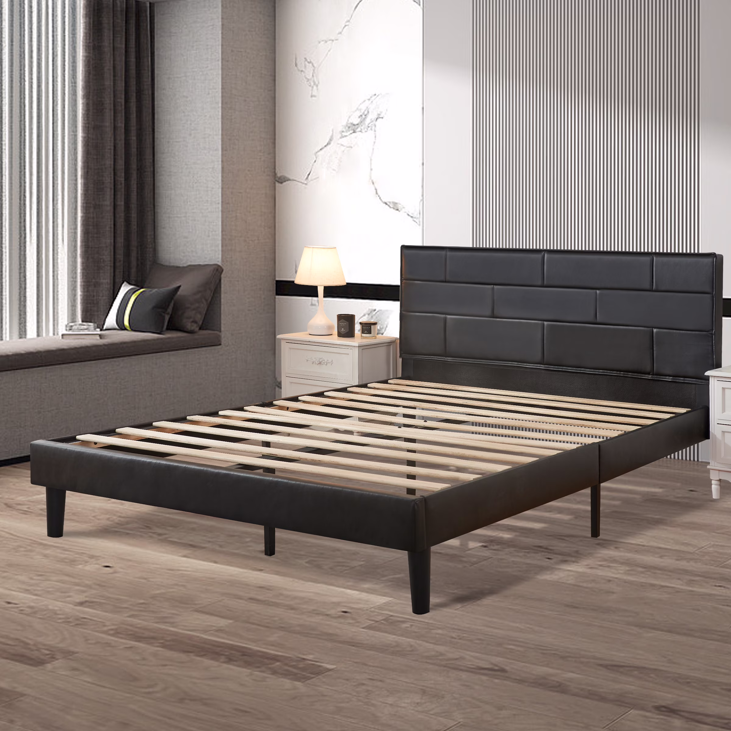 Subrtex King Platform Bed Frame with Removable PU Leather Upholstered Headboard, Heavy-Duty Wood Slats