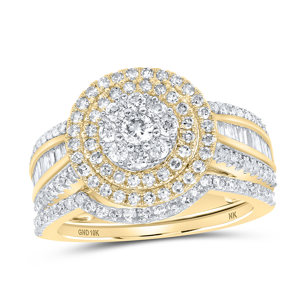 10kt Yellow Gold Round Diamond Cluster Bridal Wedding Ring Band Set 1-1/4 Cttw