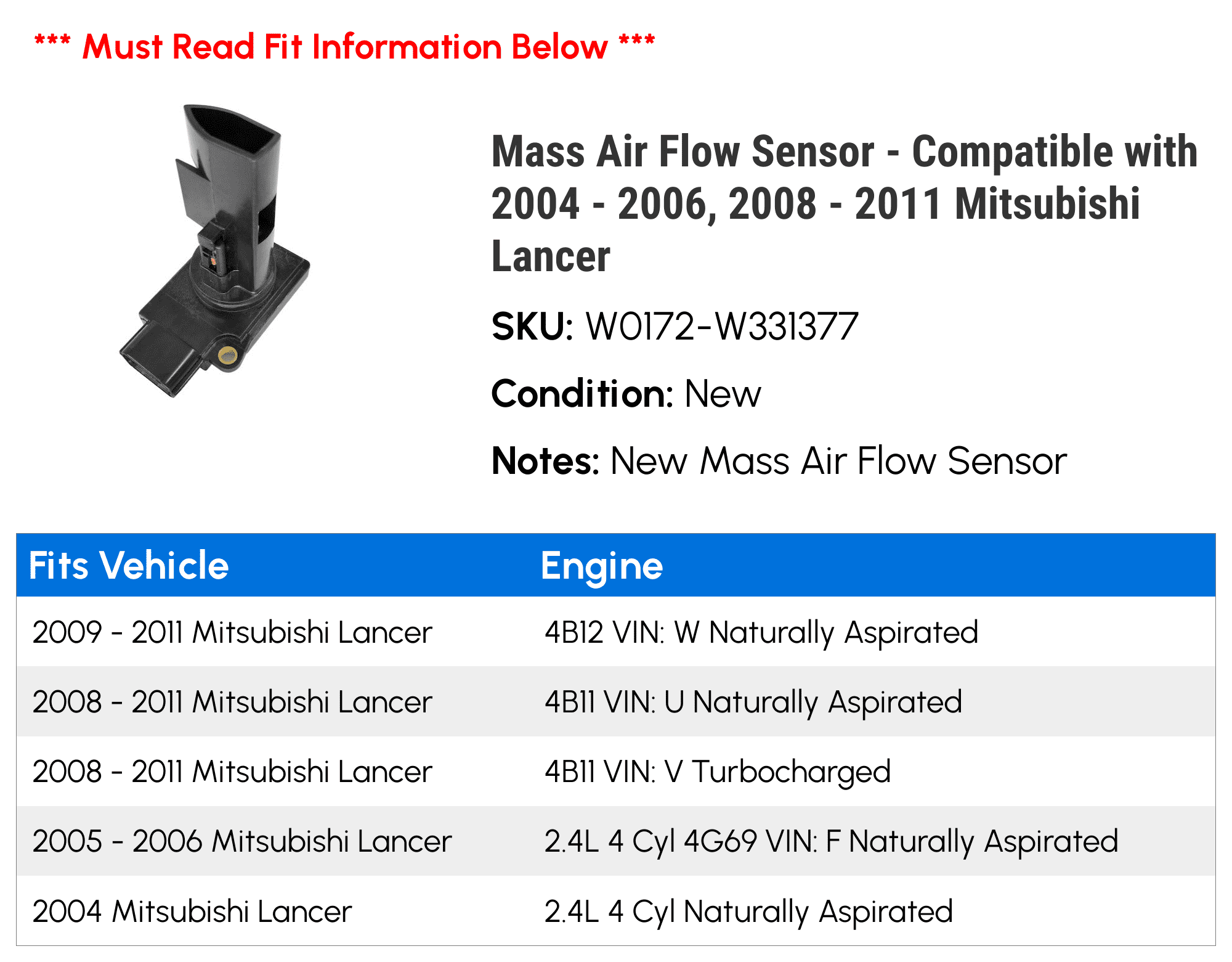 Mass Air Flow Sensor - Compatible with 2004 - 2006, 2008 - 2011 Mitsubishi Lancer 2005 2009 2010