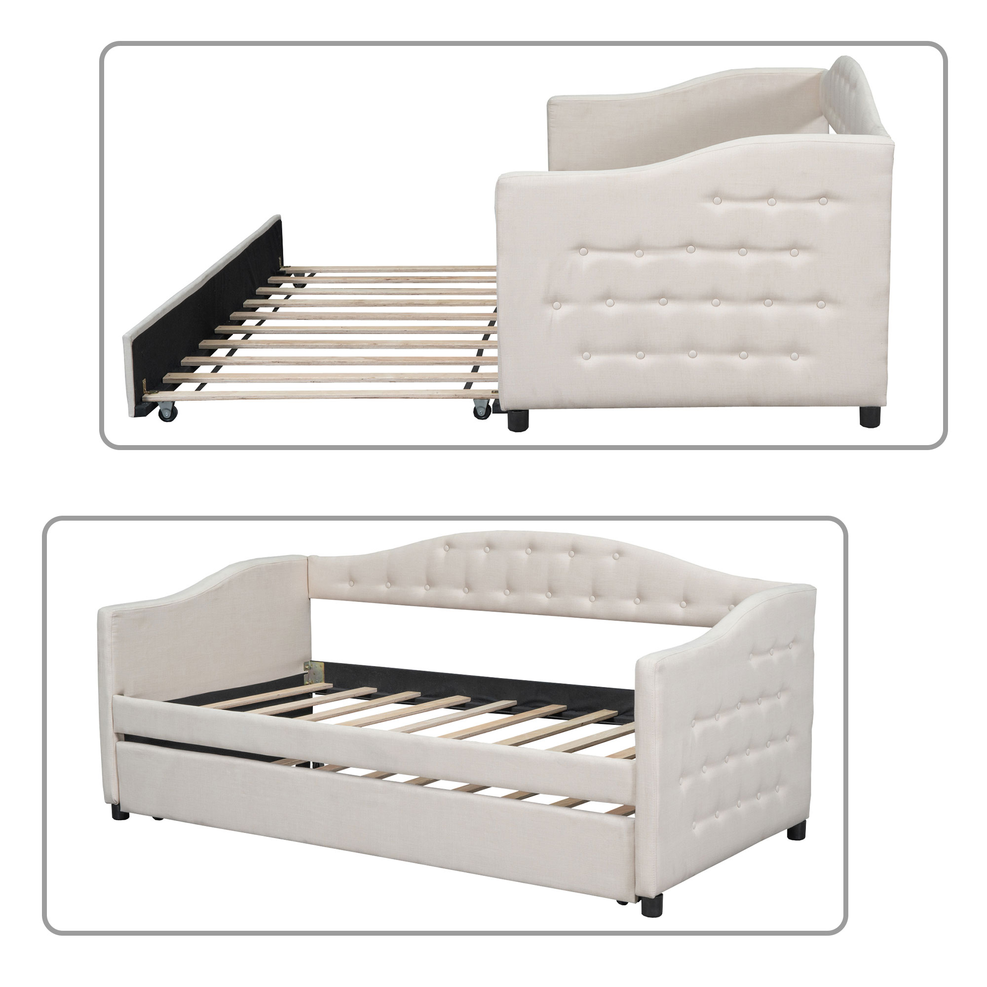 Elegant and Comfortable Twin Size Button-Tufted Upholstered Daybed with A Trundle, Beige