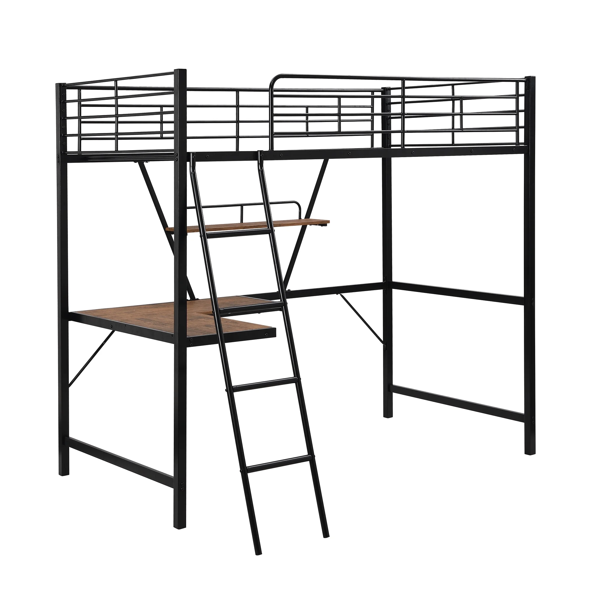 MMTX Metal Loft Twin Bed with L-shaped Desk and Shelf - Black