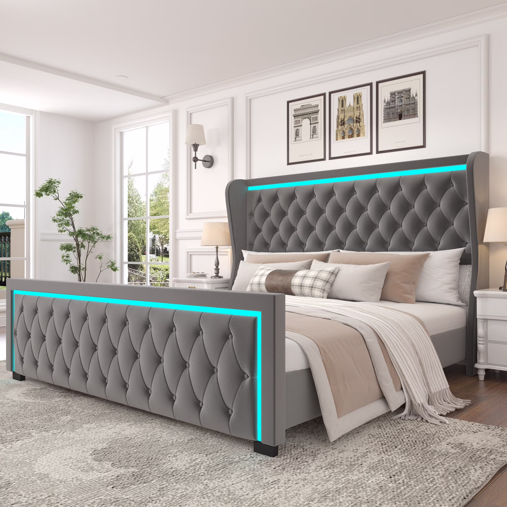 Grey King Platform Bed Frame with High Headboard, Velvet Upholstery, Deep Tufted Buttons, Adjustable LED Light Decorative Headboard, and Wide Wingbacks
