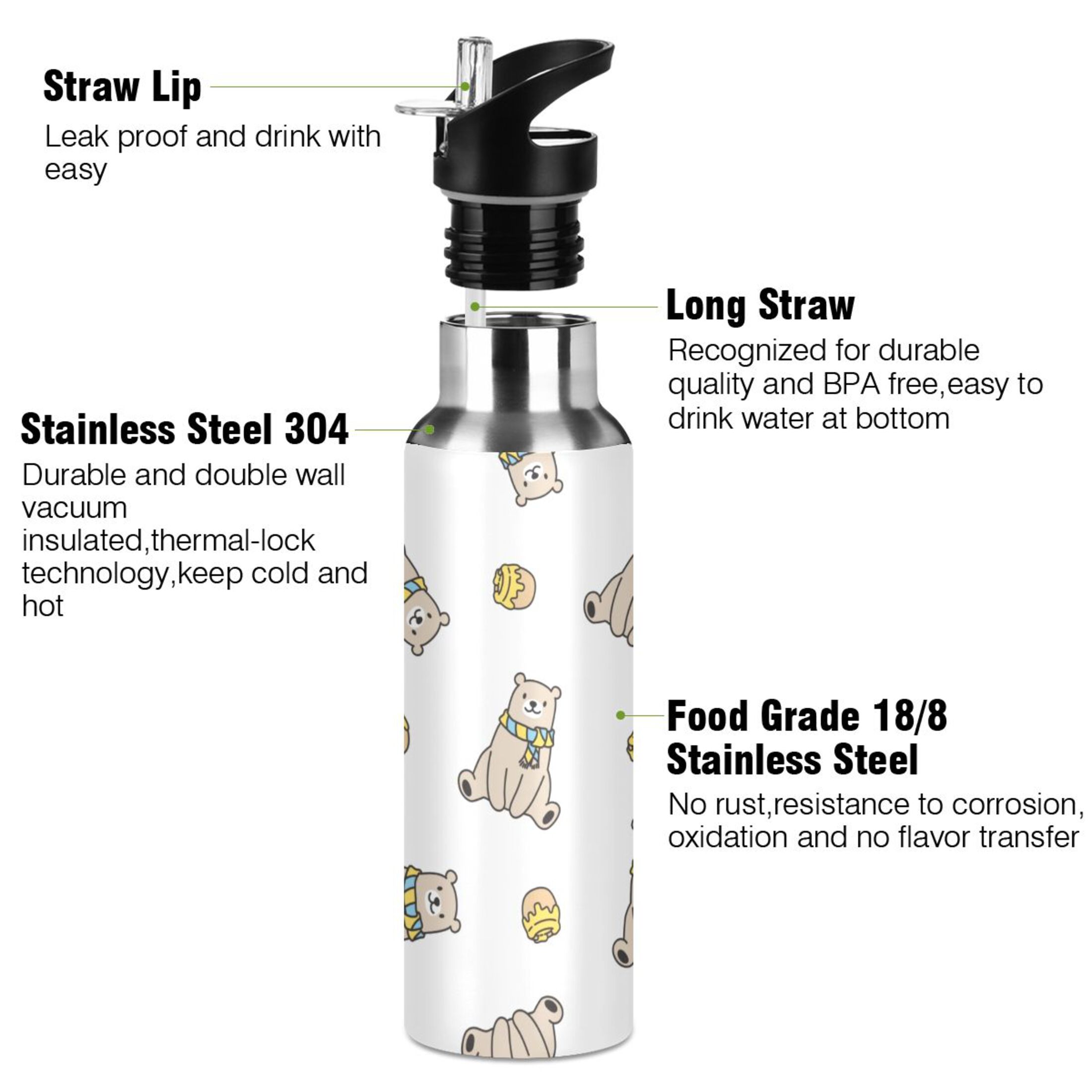 Water Bottle with Straw Lid Leak Bear Stainless Steel Insulated Thermos Vacuum Flask for Cold Hot Drinking for Sports Camping Gym Yoga