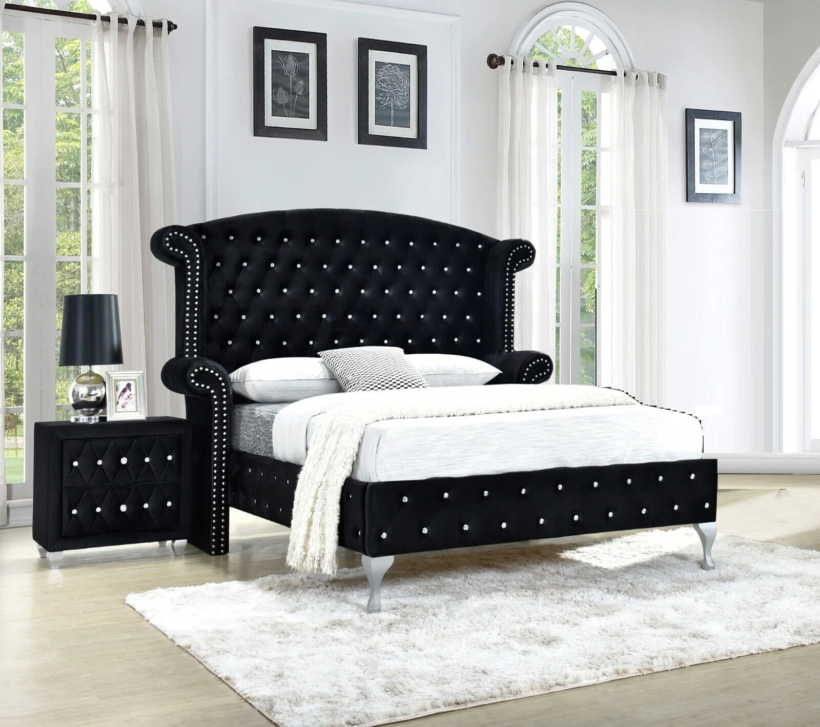 Modern 3Pc Queen Size Bed Nightstands Set Master Bedroom Furniture Black Velvet Upholstery