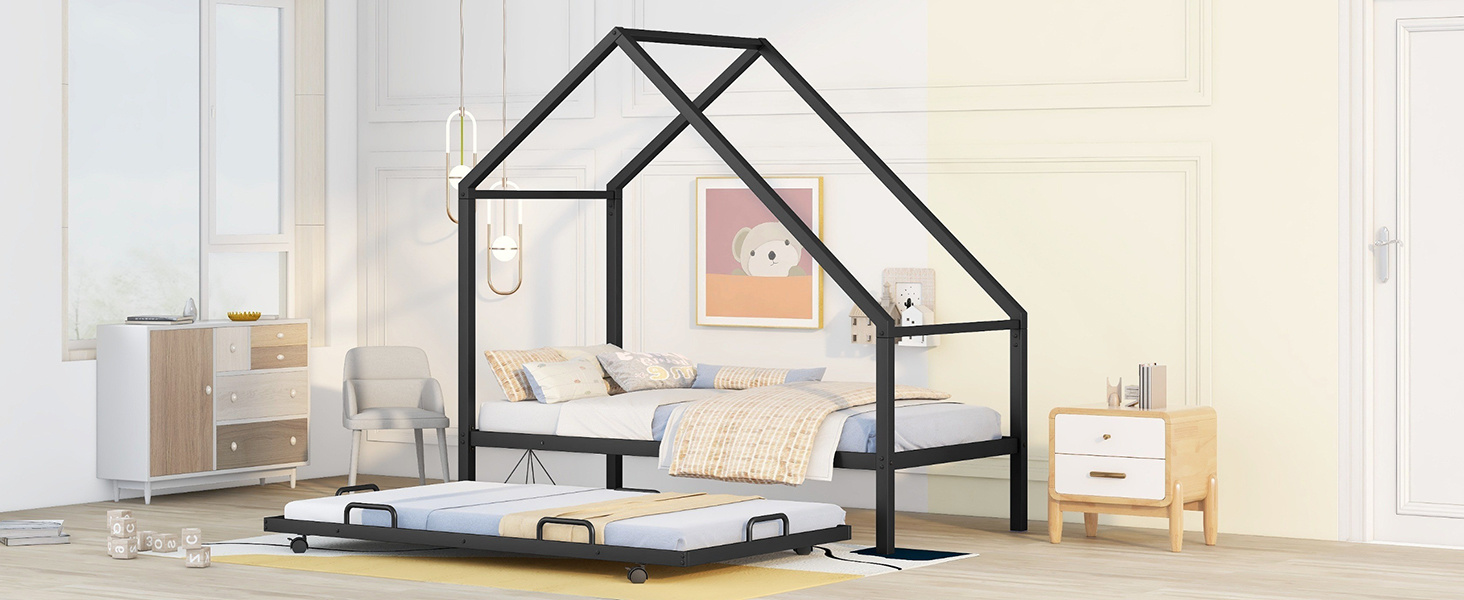 LANTRO JS Metal House Bed With Trundle, Twin Size House Bed Black