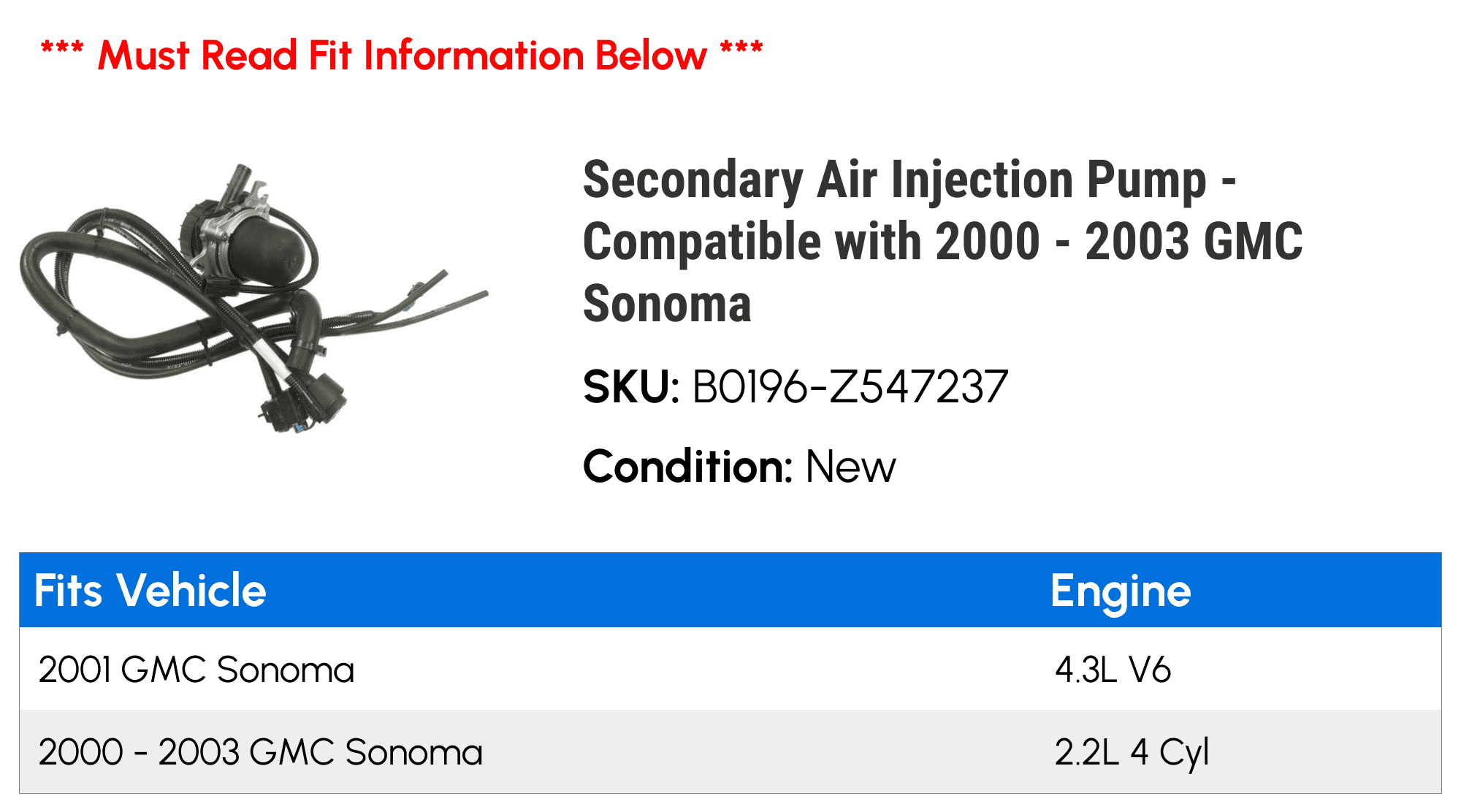 Secondary Air Injection Pump - Compatible with 2000 - 2003 GMC Sonoma 2001 2002