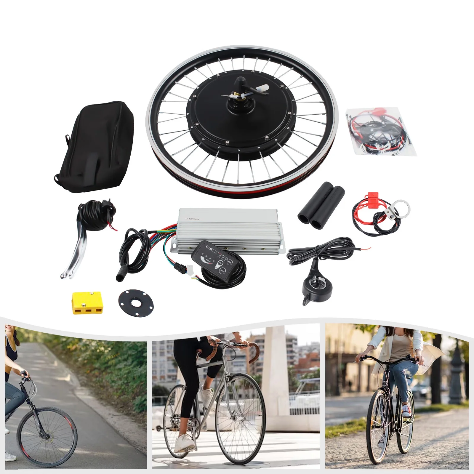 Anqidi 20 Inch E-Bike Front Wheel Conversion Kit Full Set LED Electric Bicycle Hub Motor Kit 48V 1000W Brushless Controller Motor E-Bike Conversion Kit