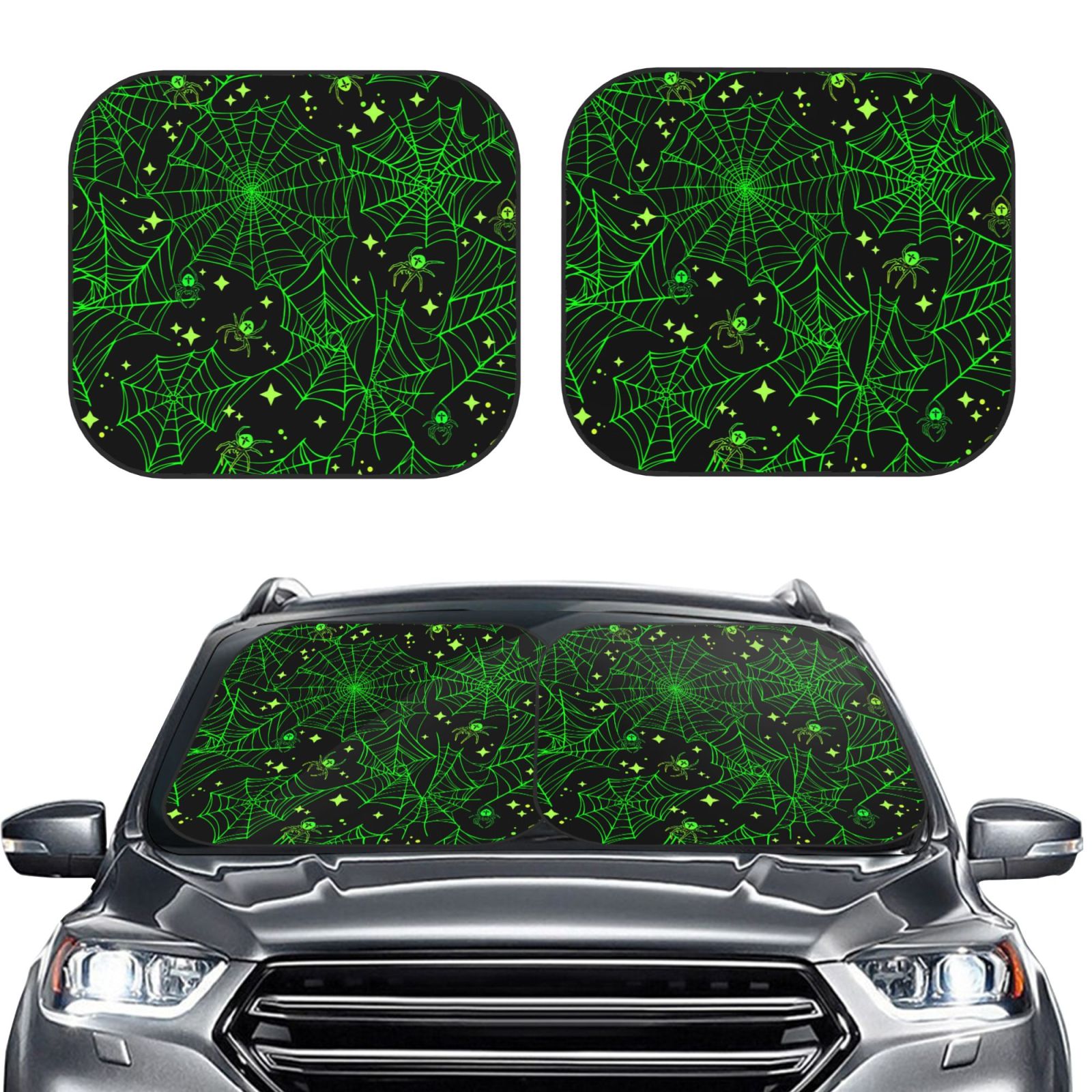 Lukts Green Bright Web With Spiders Print 2 Piece Car Sun Shade Windshield,Foldable Car Shade Front Windshield With Keeps Your Vehicle Cool, For Most Sedans Suv And Trucks - Small