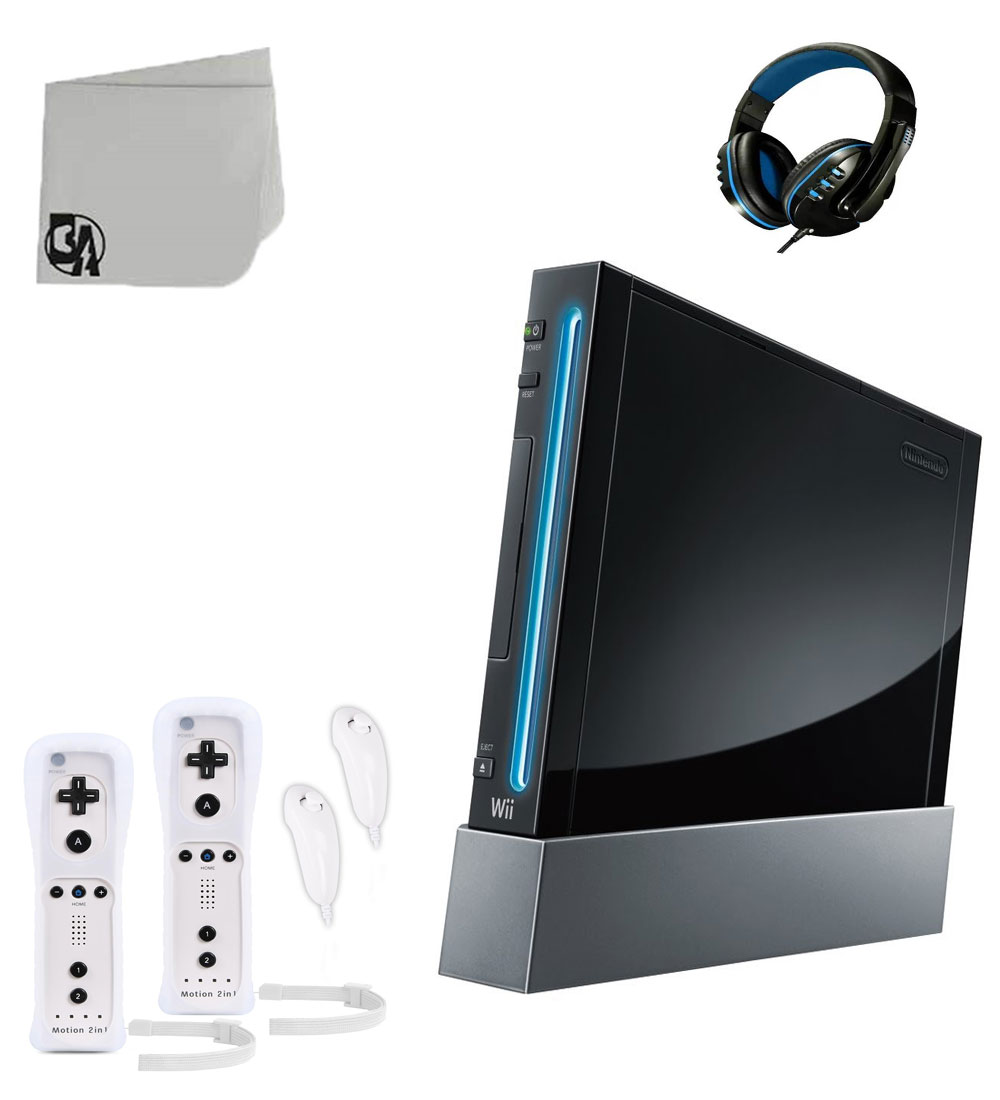 Nintendo Wii Black Gaming Console With 2 White Gaming Controller + Head Set BOLT AXTION Bundle Like New