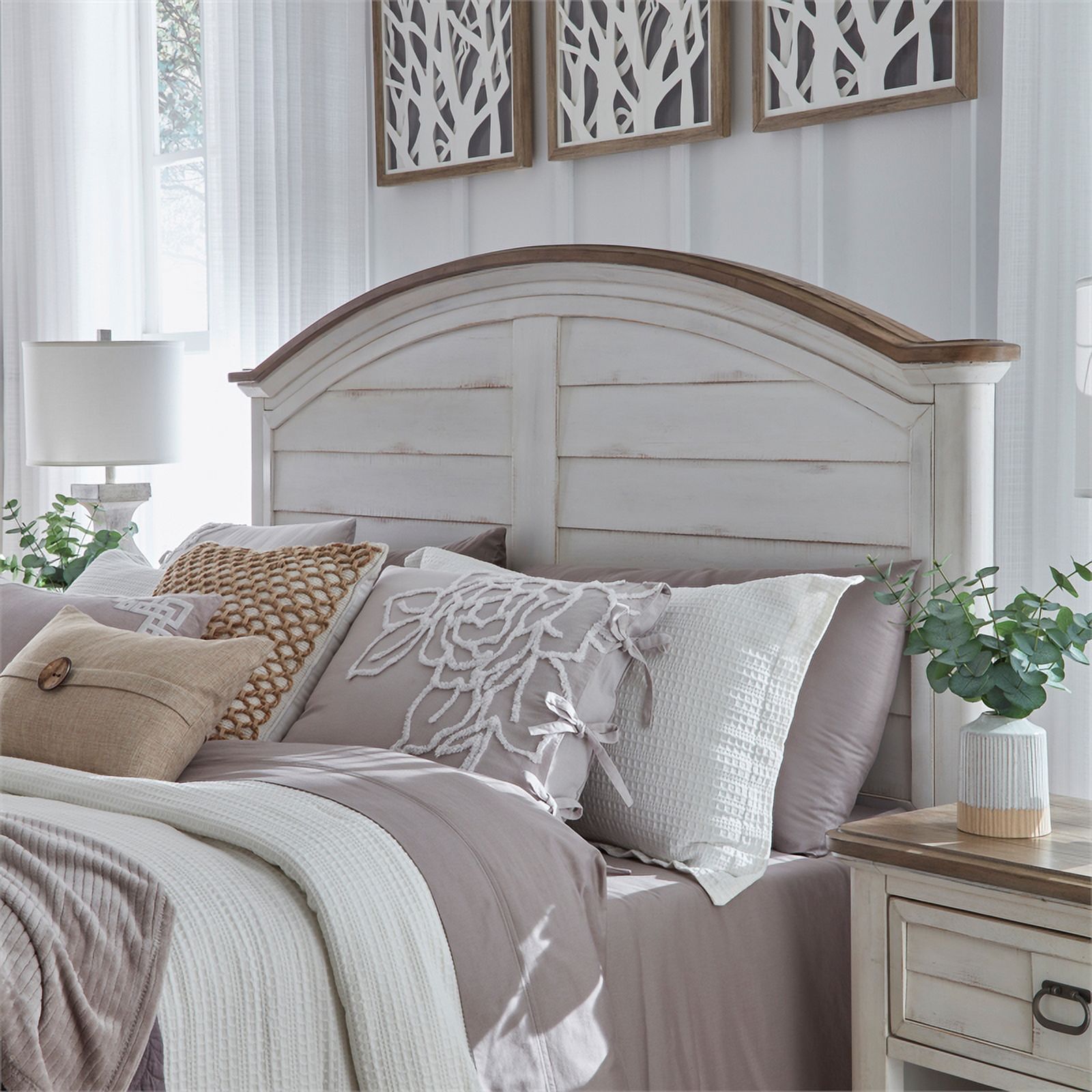 American Woodcrafters Meadowbrook Queen Arched Panel Headboard - White-washed