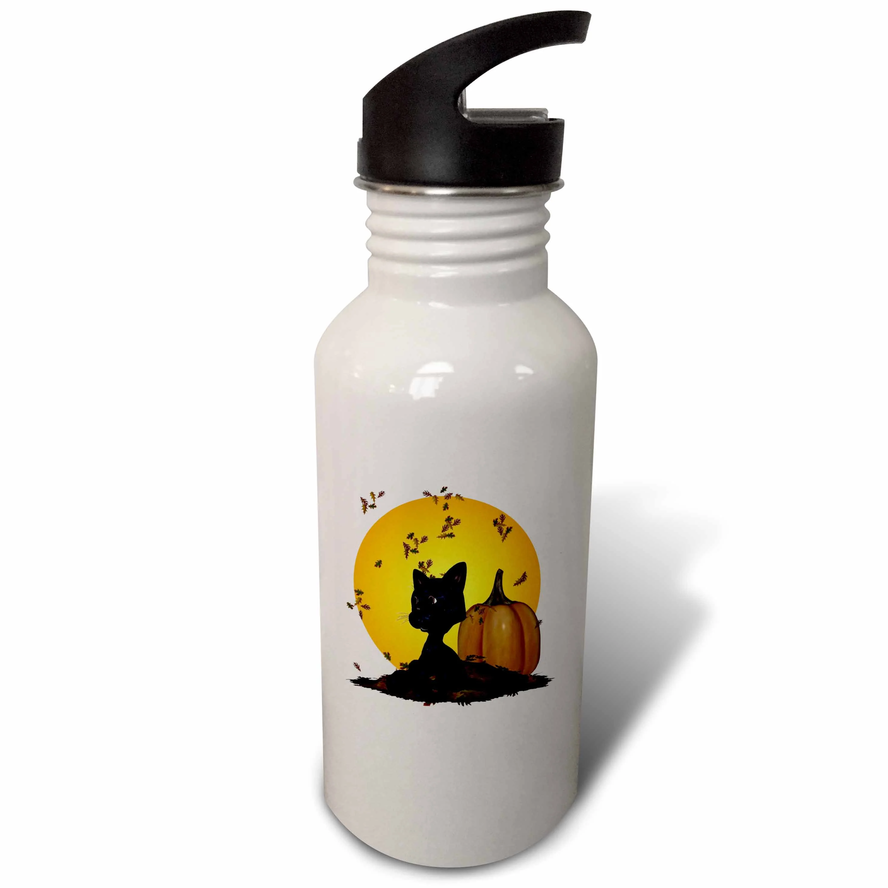 Black Cat With Pumpkins And Halloween Moon 21 oz Sports Water Bottle wb-19396-1