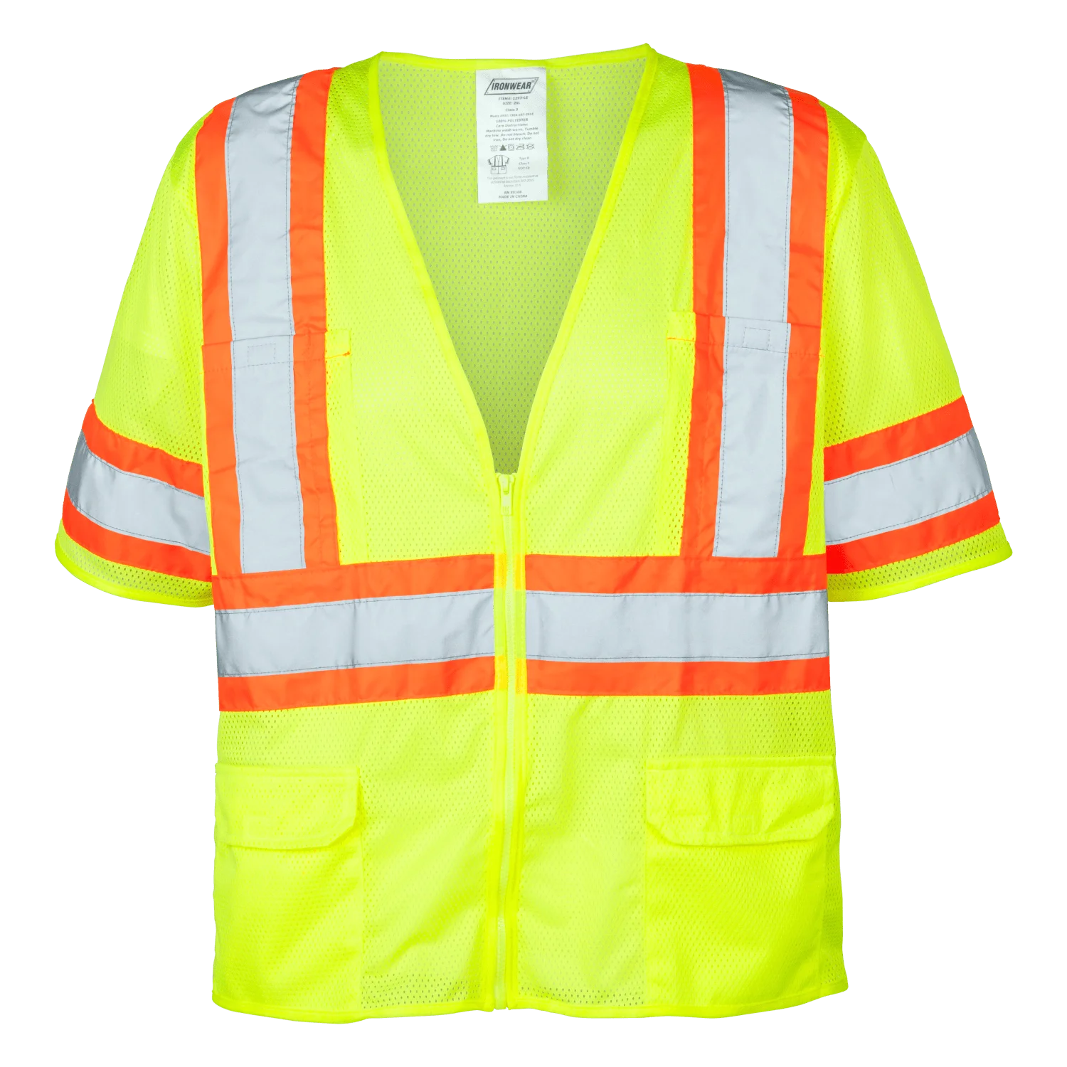 Ironwear 1293 Class 3 Polyester Mesh Safety Vest w/ Zipper & 6 Pockets