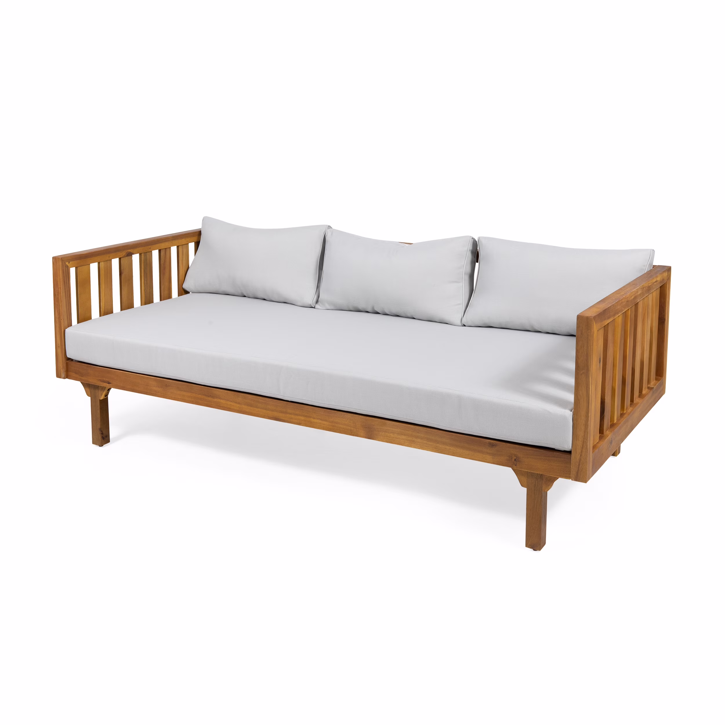 GDF Studio Bordeaux Outdoor Acacia Wood 3 Seater Daybed with Cushions, Teak and Light Gray