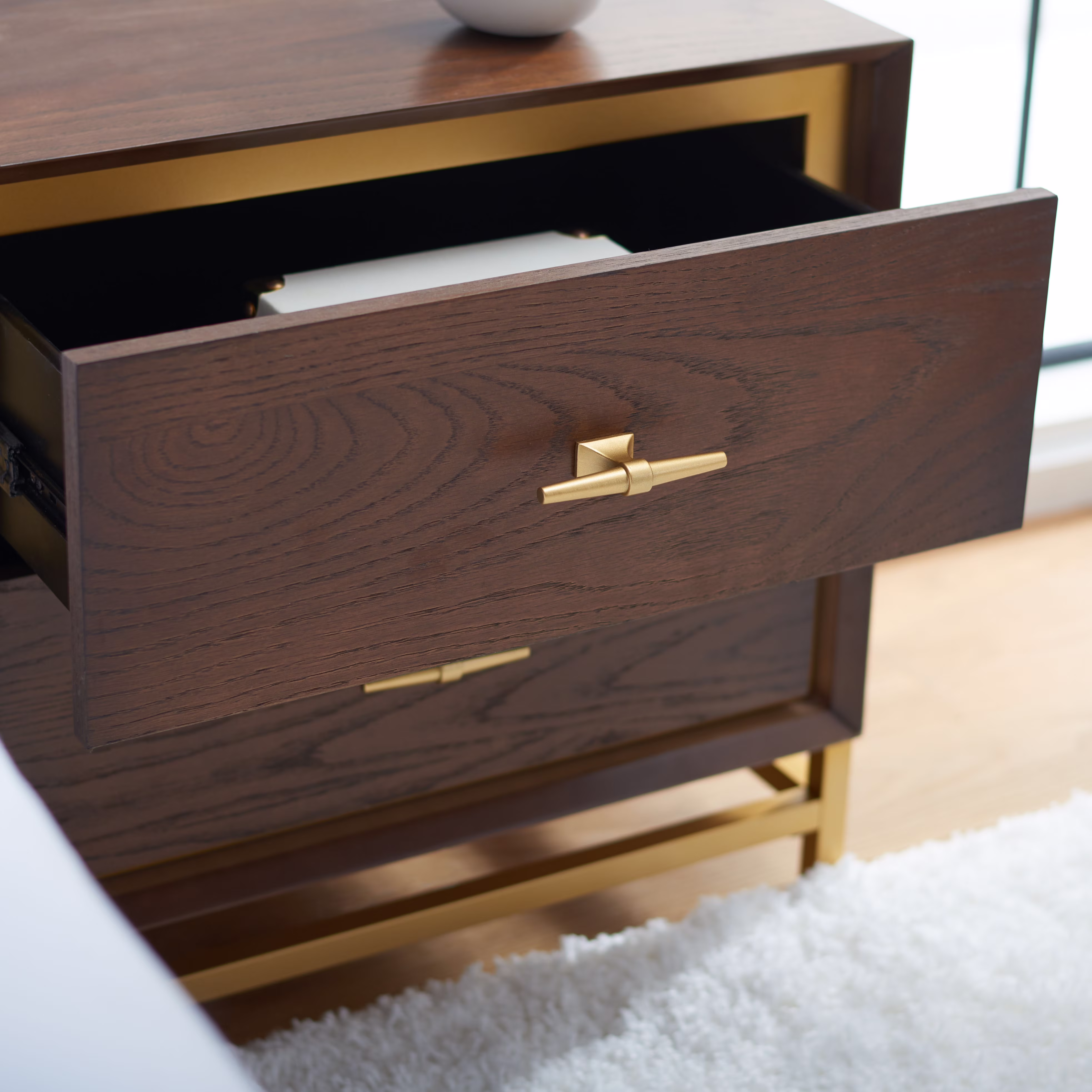 Safavieh Fenno Glam 2 Drawer Nightstand, Walnut/Brass
