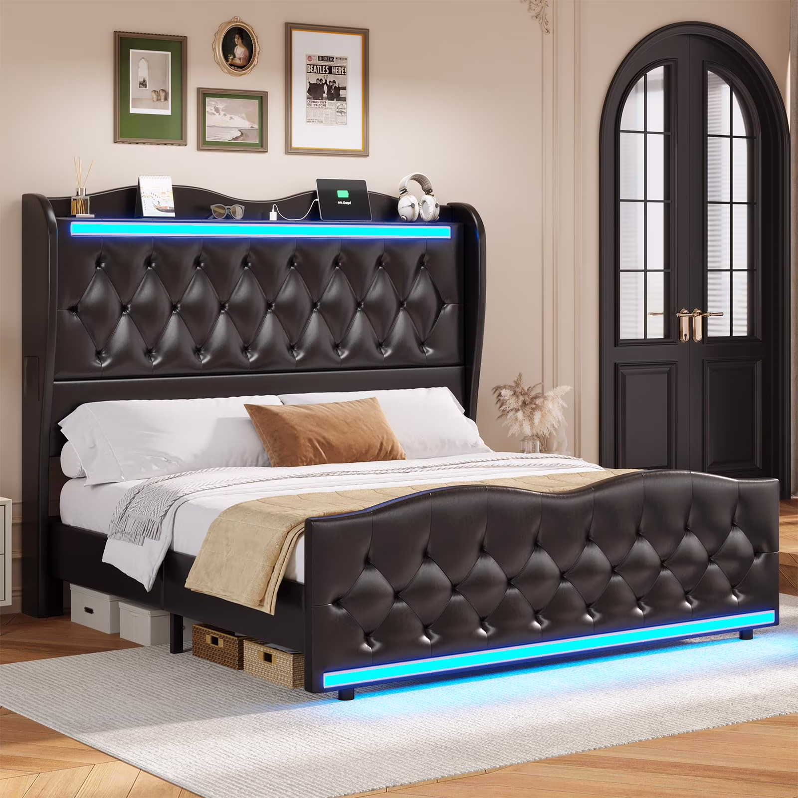Full PU Leather Upholstered Platform Bed with Tall Wingback Headboard and LED Lights, Charging Station, No Box Spring Needed, Black