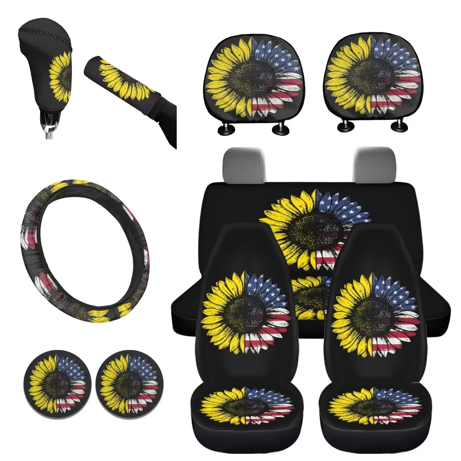 Binienty Car Seat Covers for Women American Flag Print-2 Coaster,2 Headrest Cover,1 Van Truck Steering Wheel Cover,1 Gear Shift Caover,4 Auto Front Rear Seat Accessories,1 Sunflower Handbrake Pad
